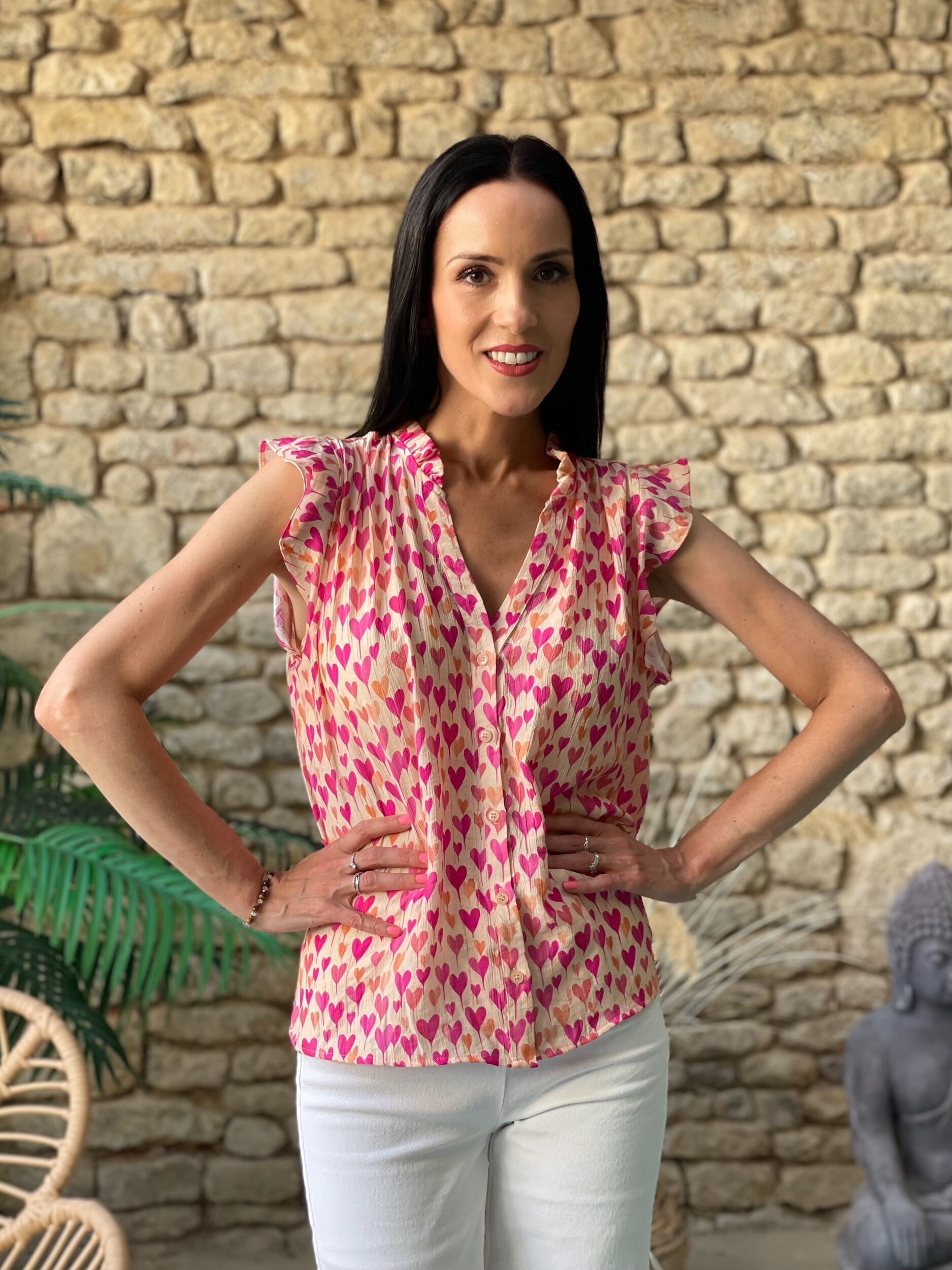 Blouse à motif coeurs GEORGIA coloris rose et beige