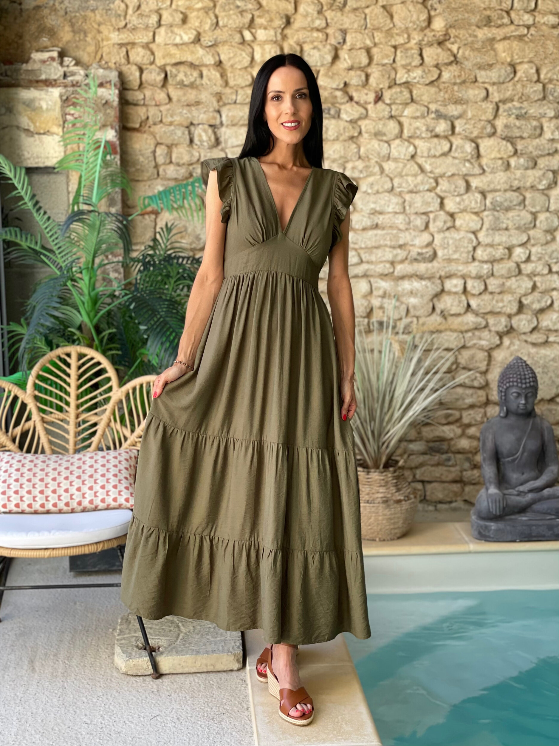 Robe longue à volants MAUREEN coloris kaki