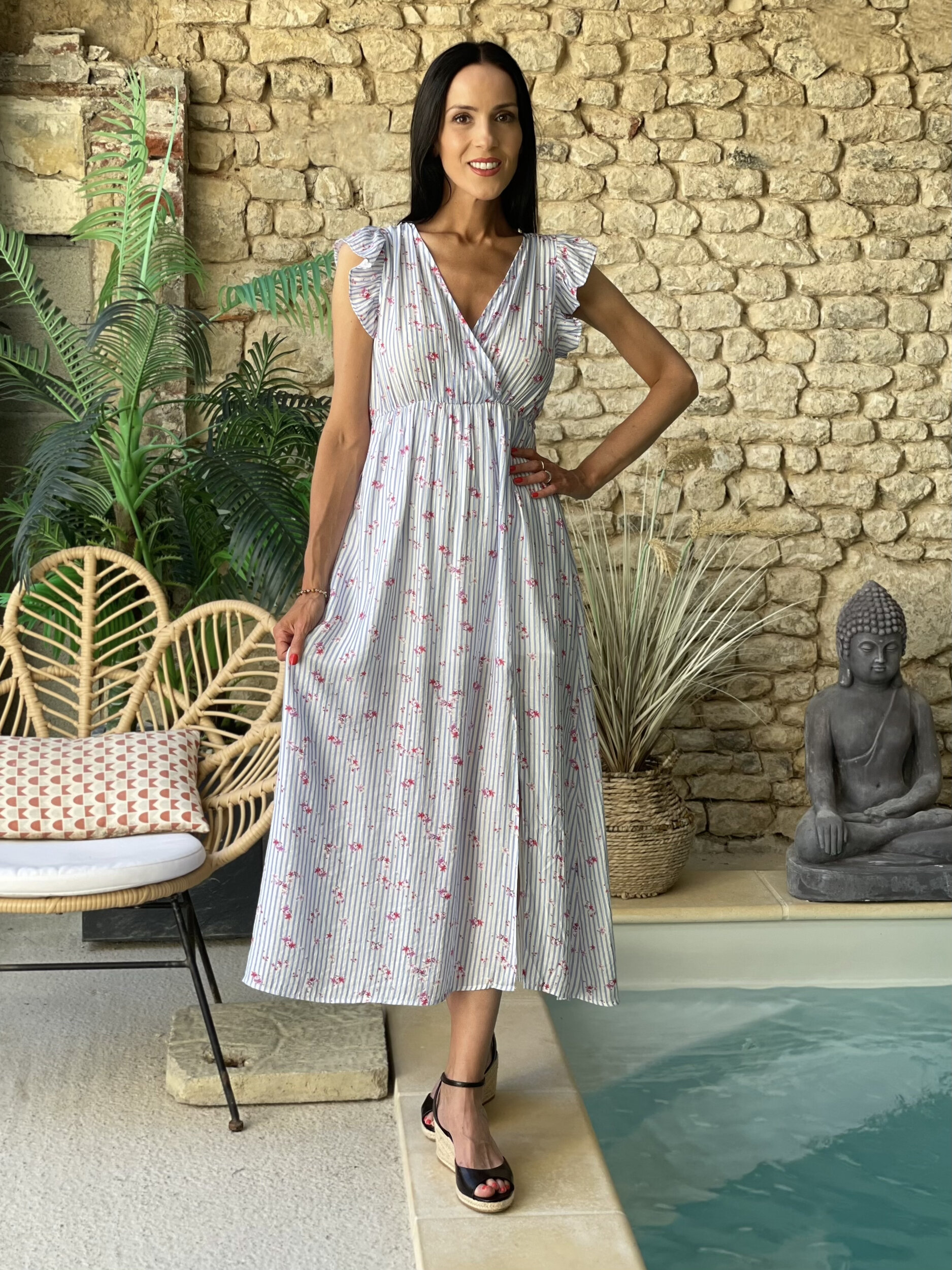 Robe longue à rayures et fleurs AVELINE coloris bleu