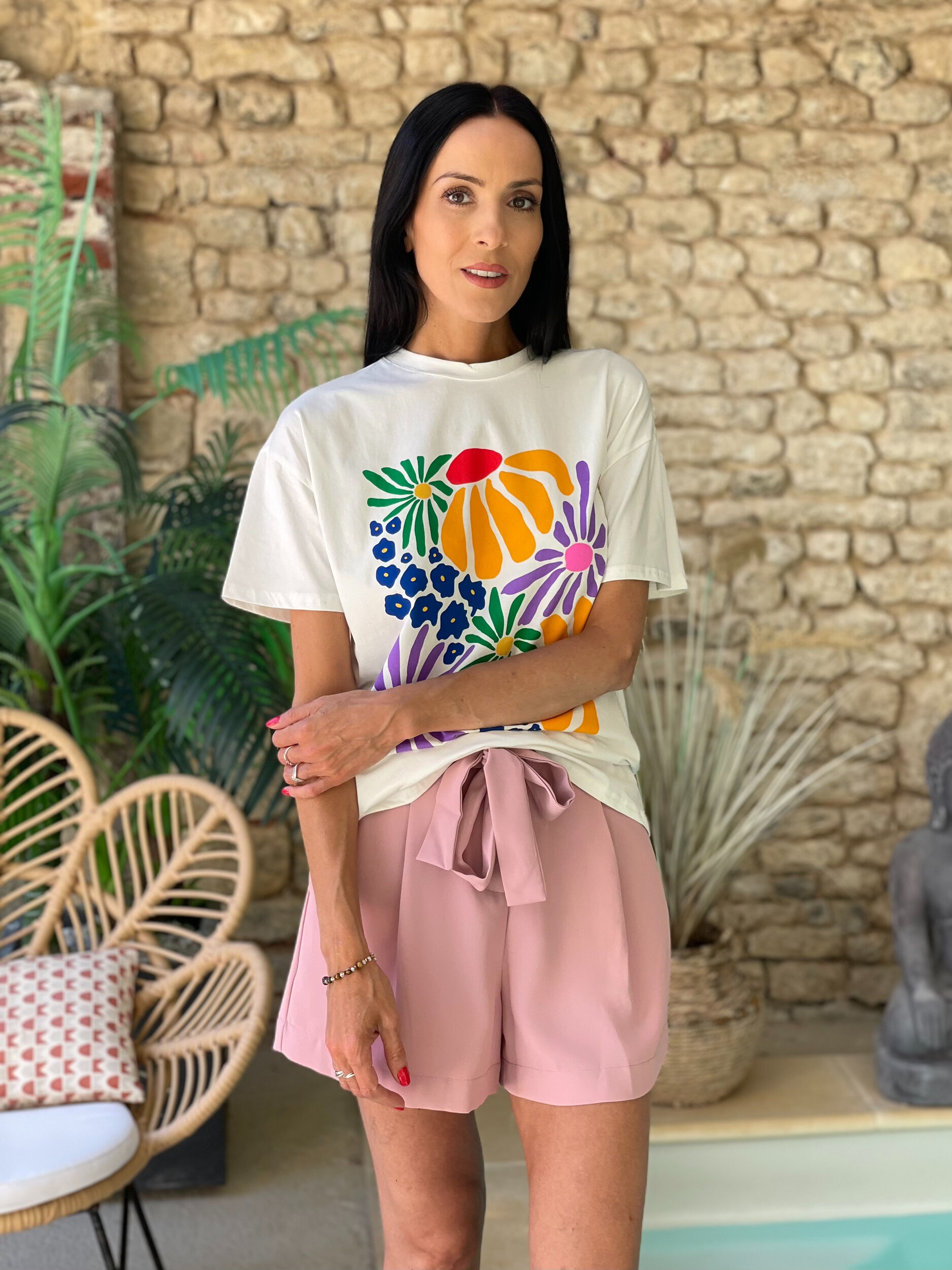 T-shirt à motif floral multicolore POP coloris blanc