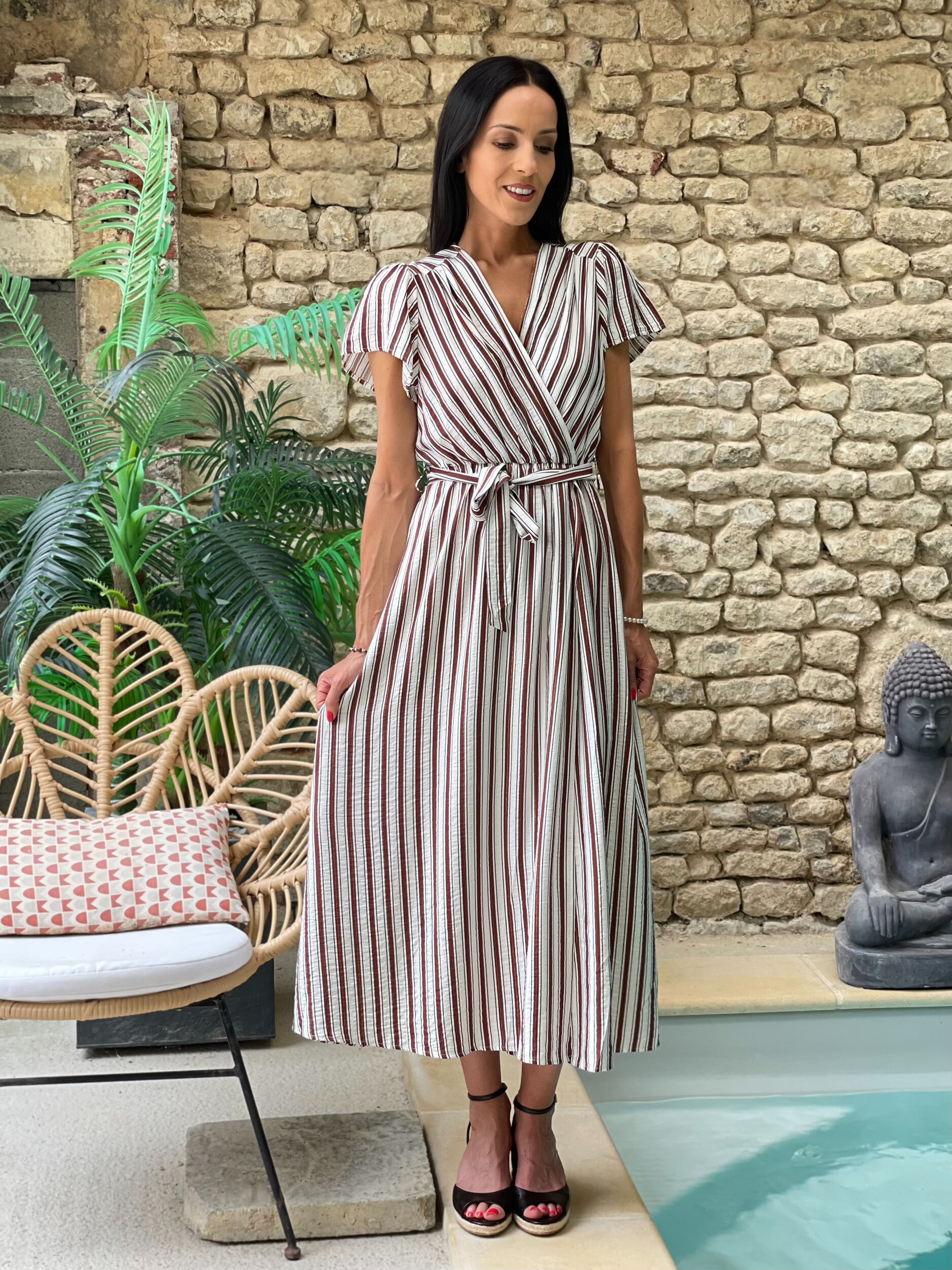 Robe longue à rayures SORRENTE coloris marron et écru