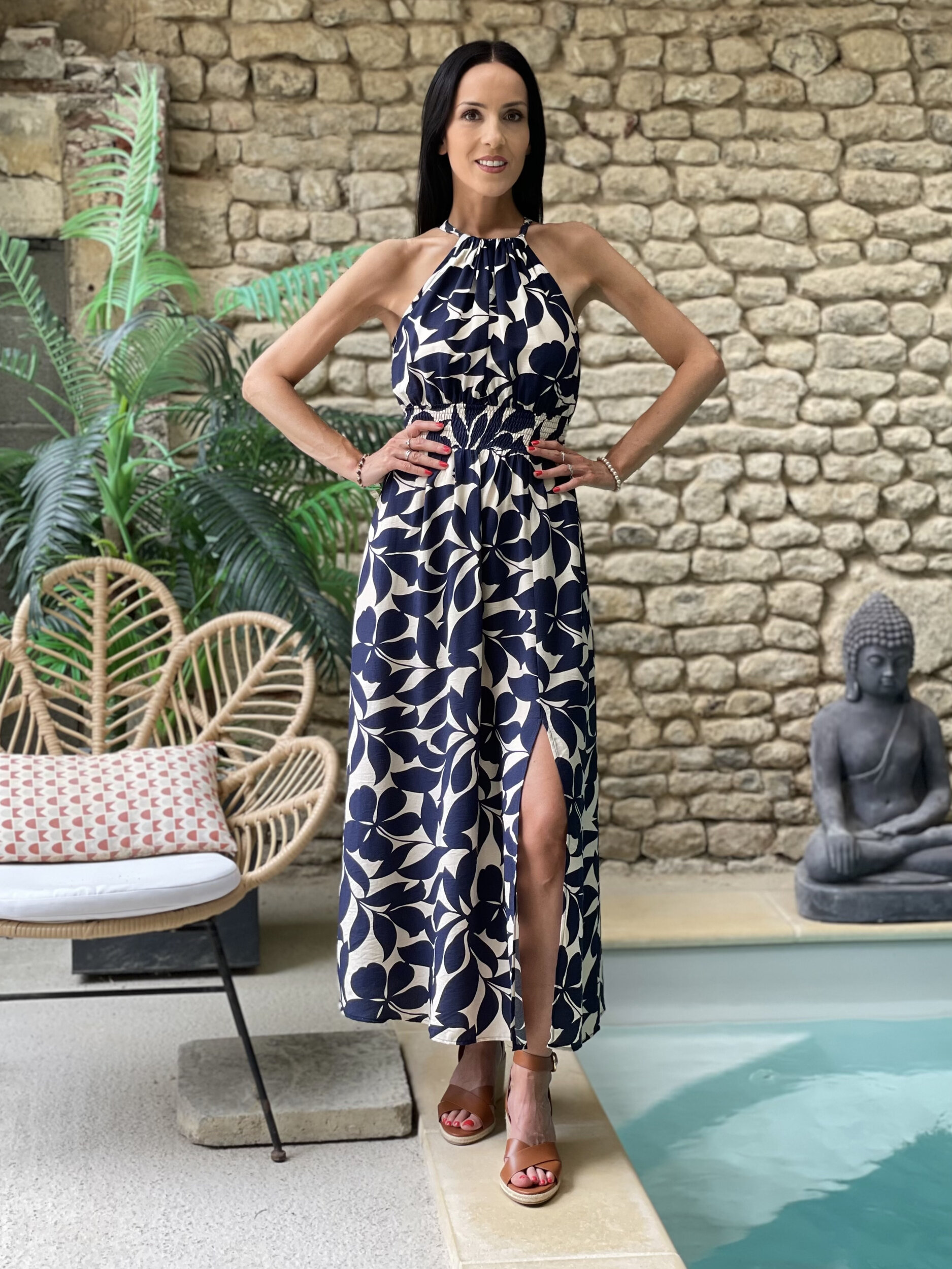 Robe longue à encolure américaine JULIA coloris marine et écru