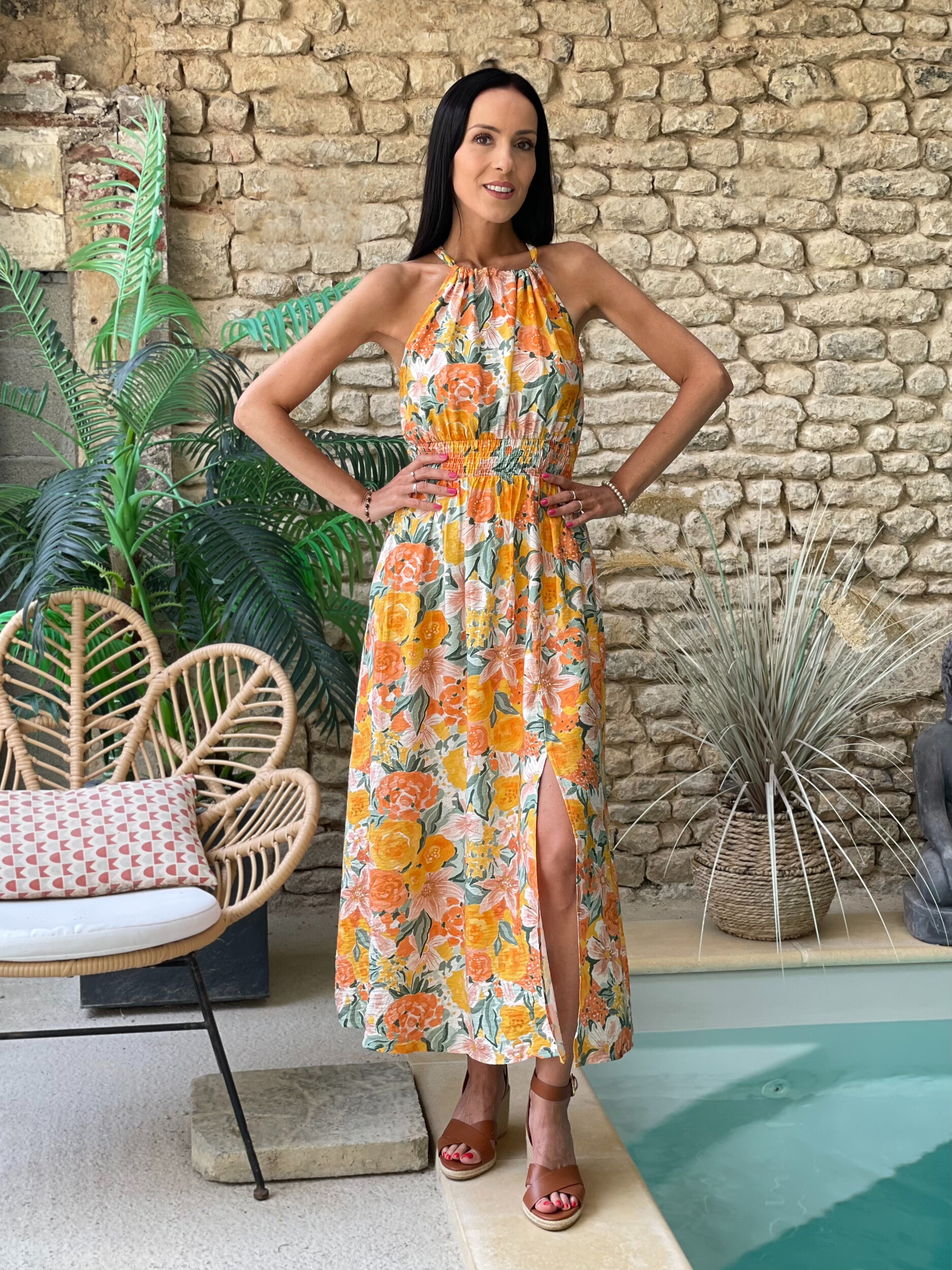 Robe longue à encolure américaine CALISTA coloris jaune et vert