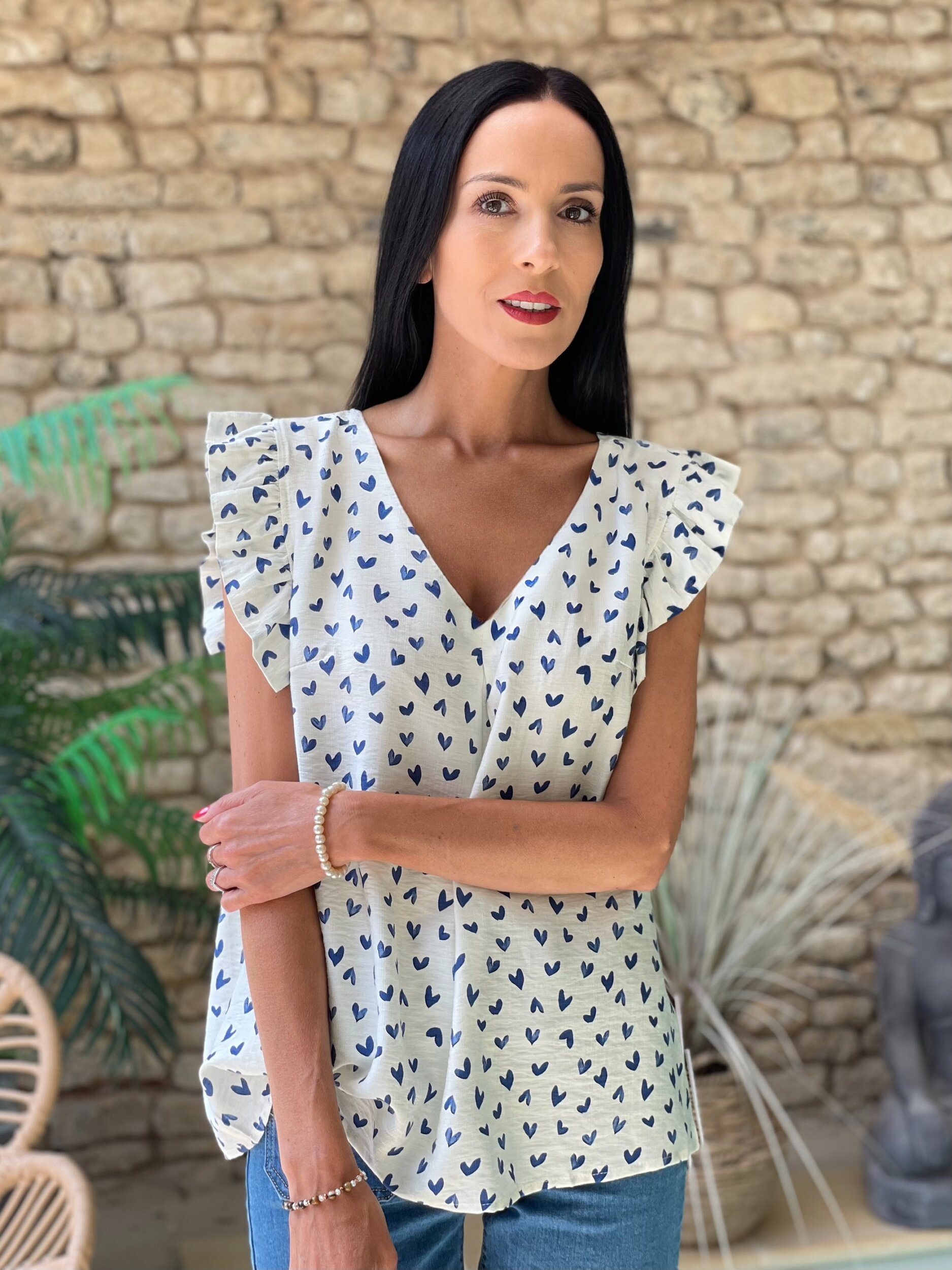 Blouse à imprimé coeurs VALENTINE coloris bleu et blanc