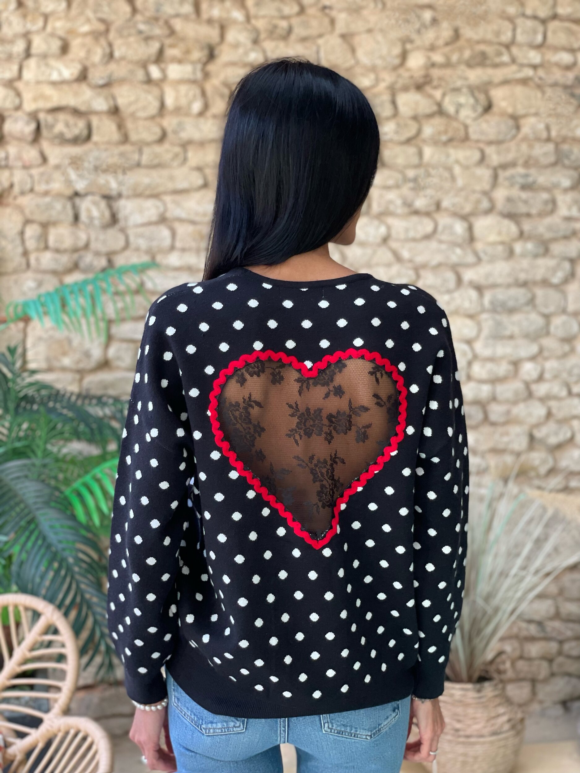 Pull en maille à pois JOSIE avec coeur en dentelle au dos
