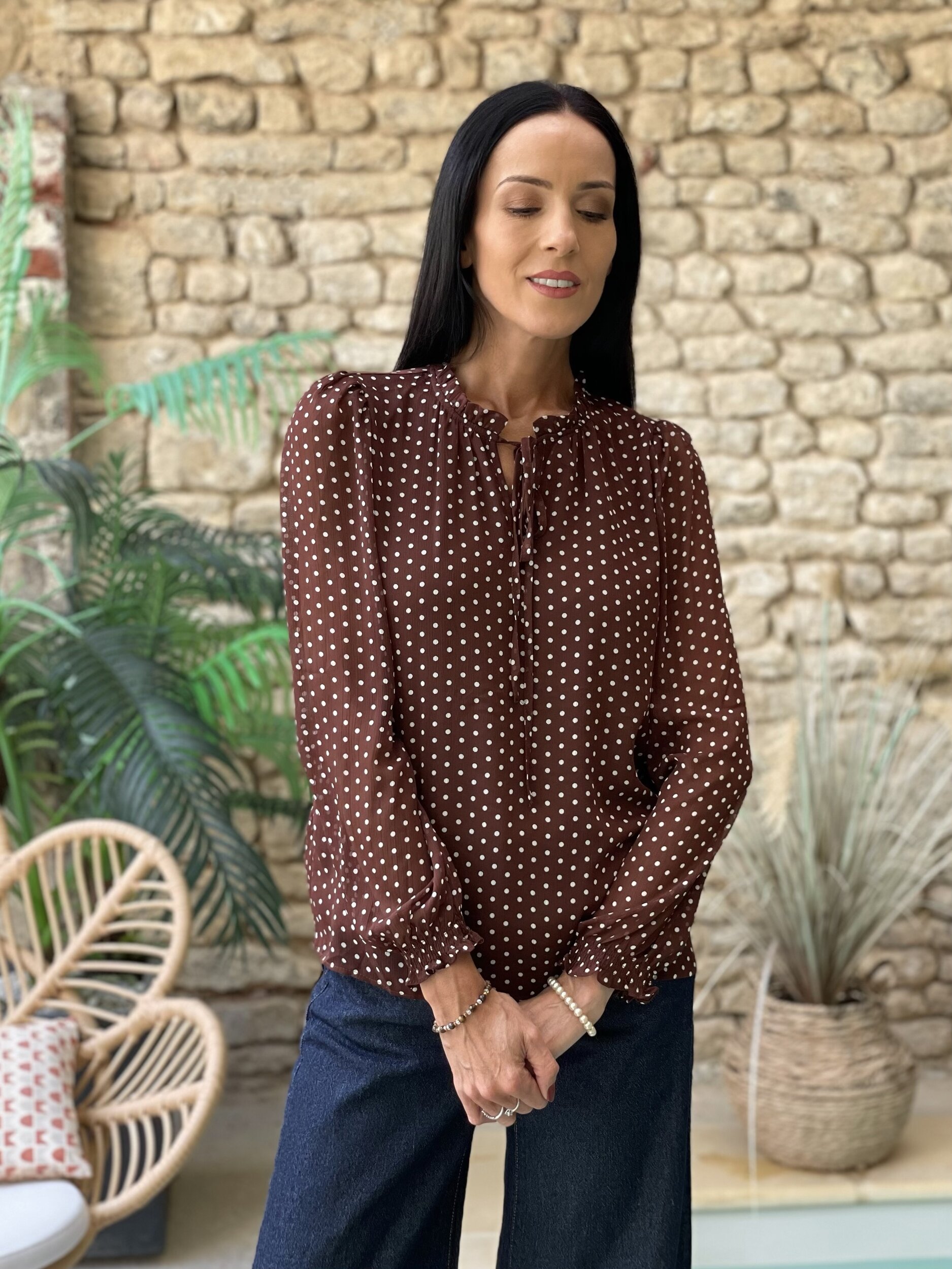 Blouse à imprimé pois BETTY coloris marron
