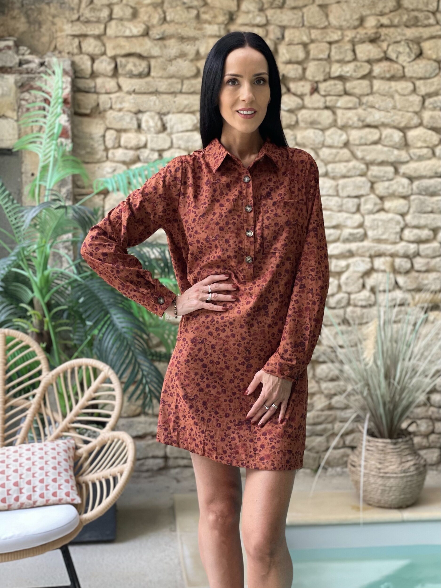 Robe en velours côtelé à fleurs SASKIA coloris terracotta