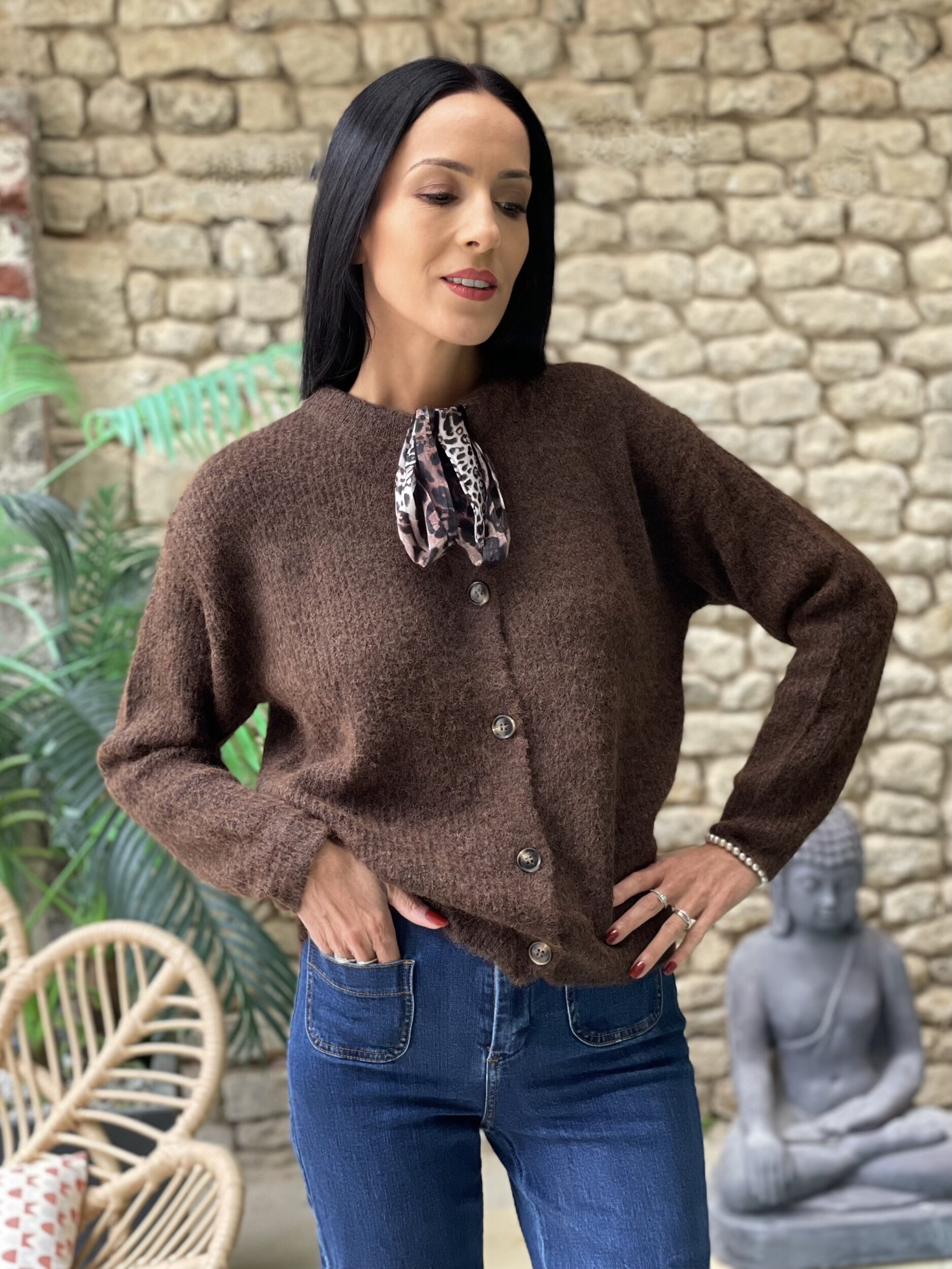 Gilet en maille à foulard léopard LILO coloris chocolat