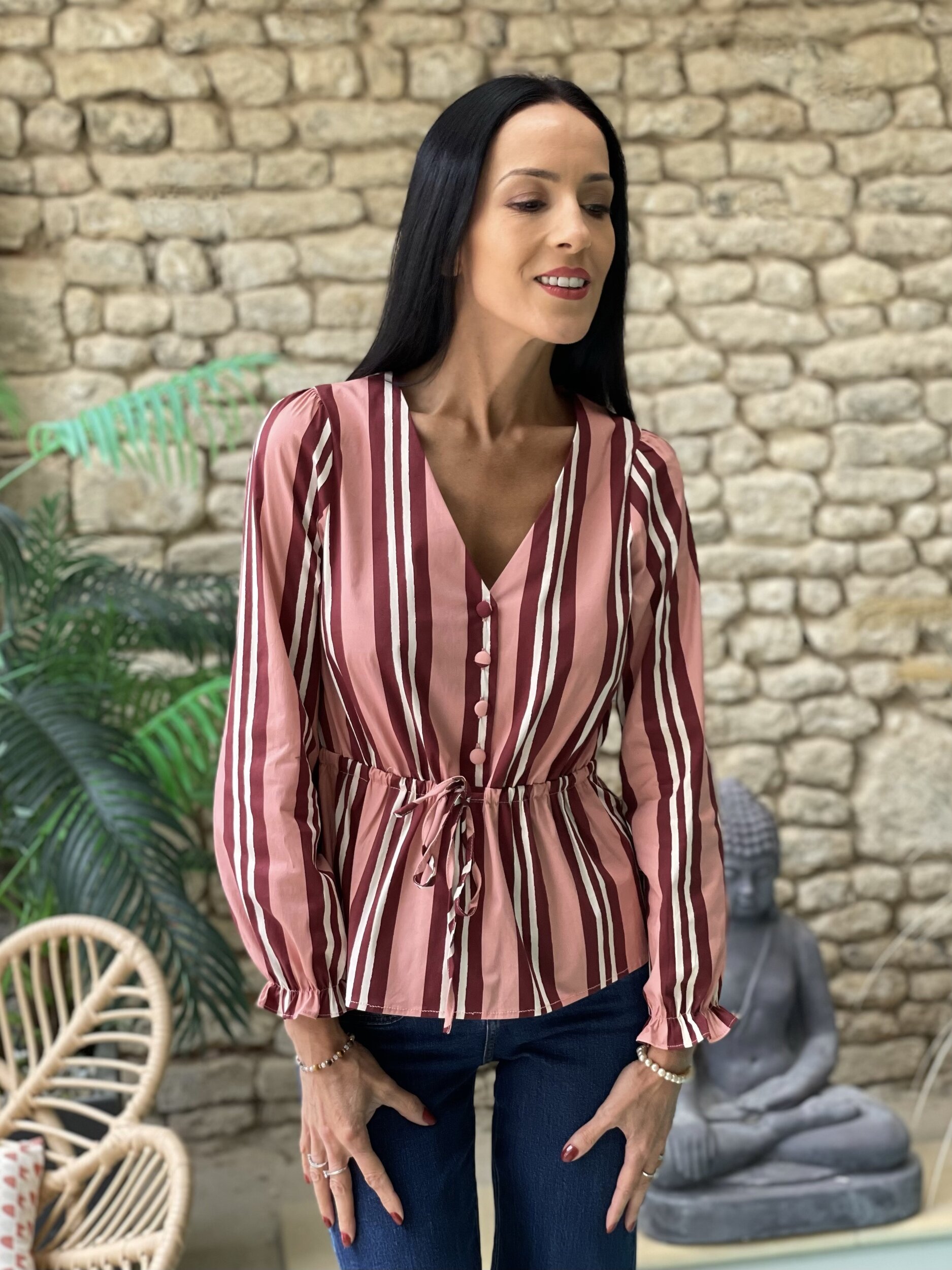 Blouse rayée à taille nouée DIONE coloris rose et bordeaux