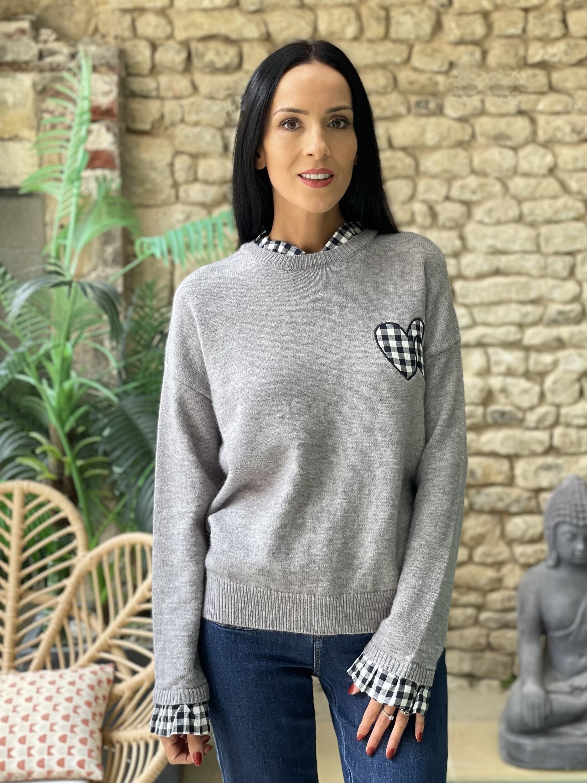Pull en maille à coeurs vichy ASTER coloris gris