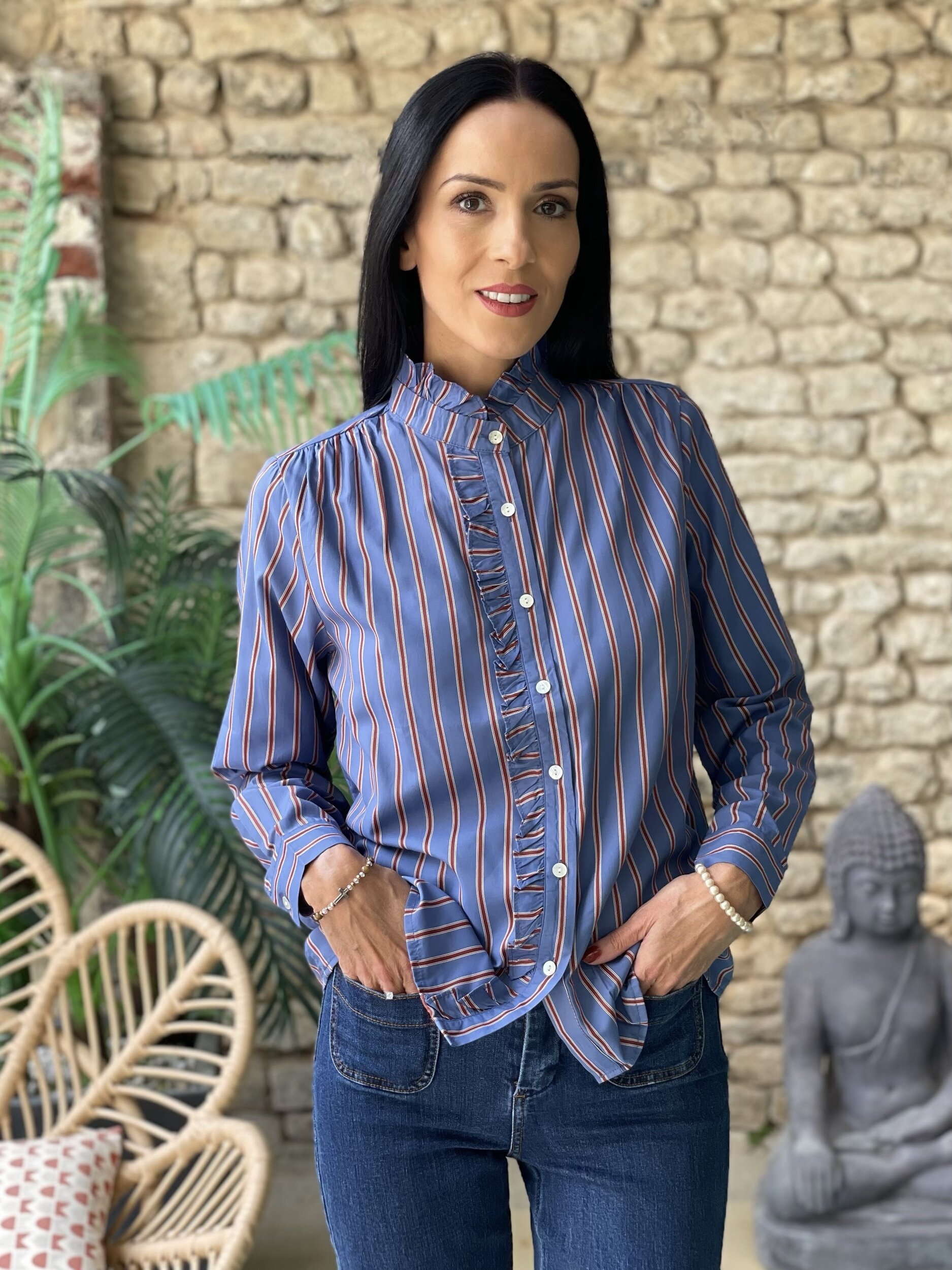 Blouse rayée à col volanté PATSY coloris bleu