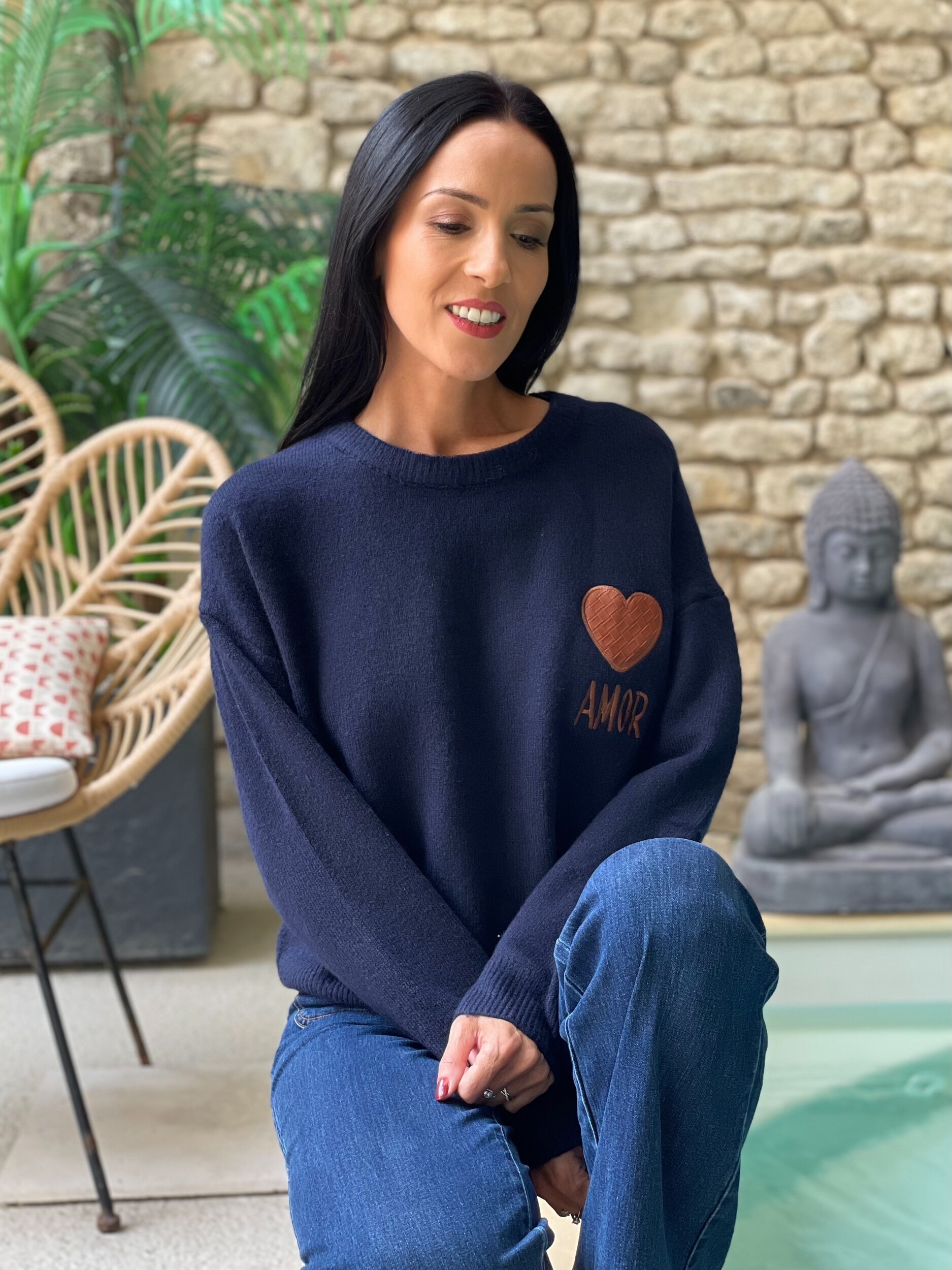 Pull en maille avec coeur camel MARTIN coloris marine