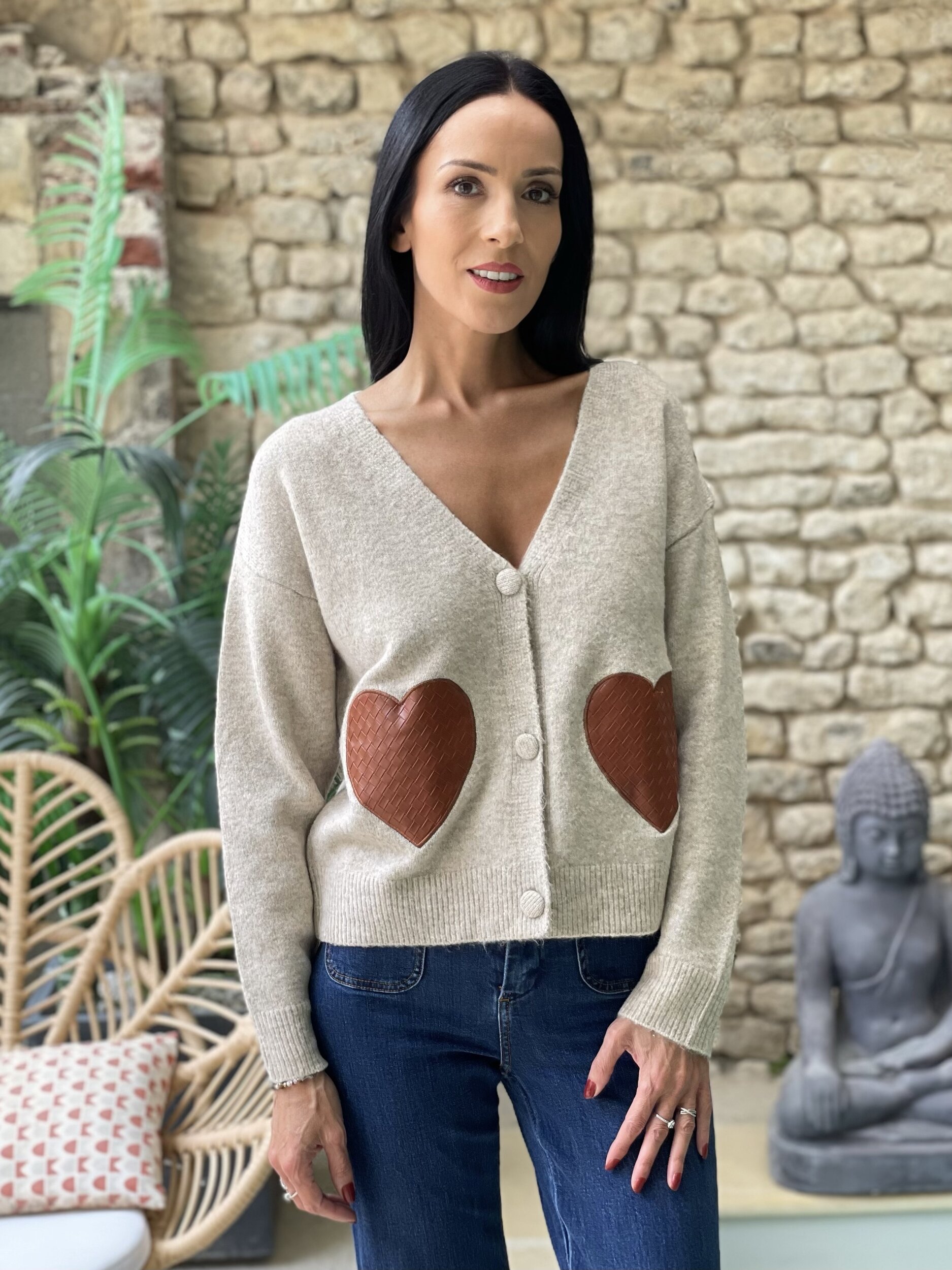 Gilet en maille avec empiècements coeurs ETHEL coloris beige