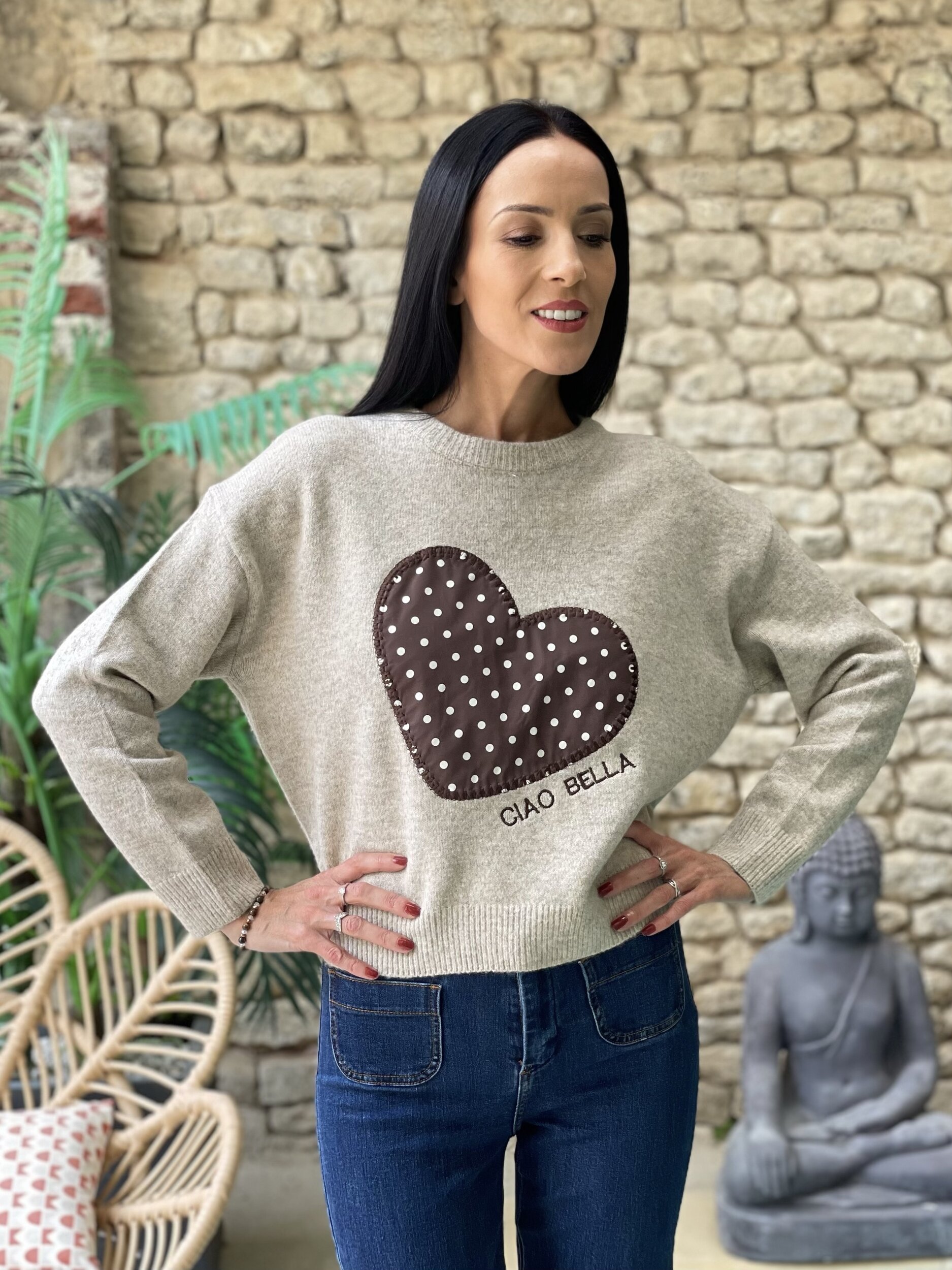 Pull en maille avec coeur à pois CIAO BELLA coloris beige