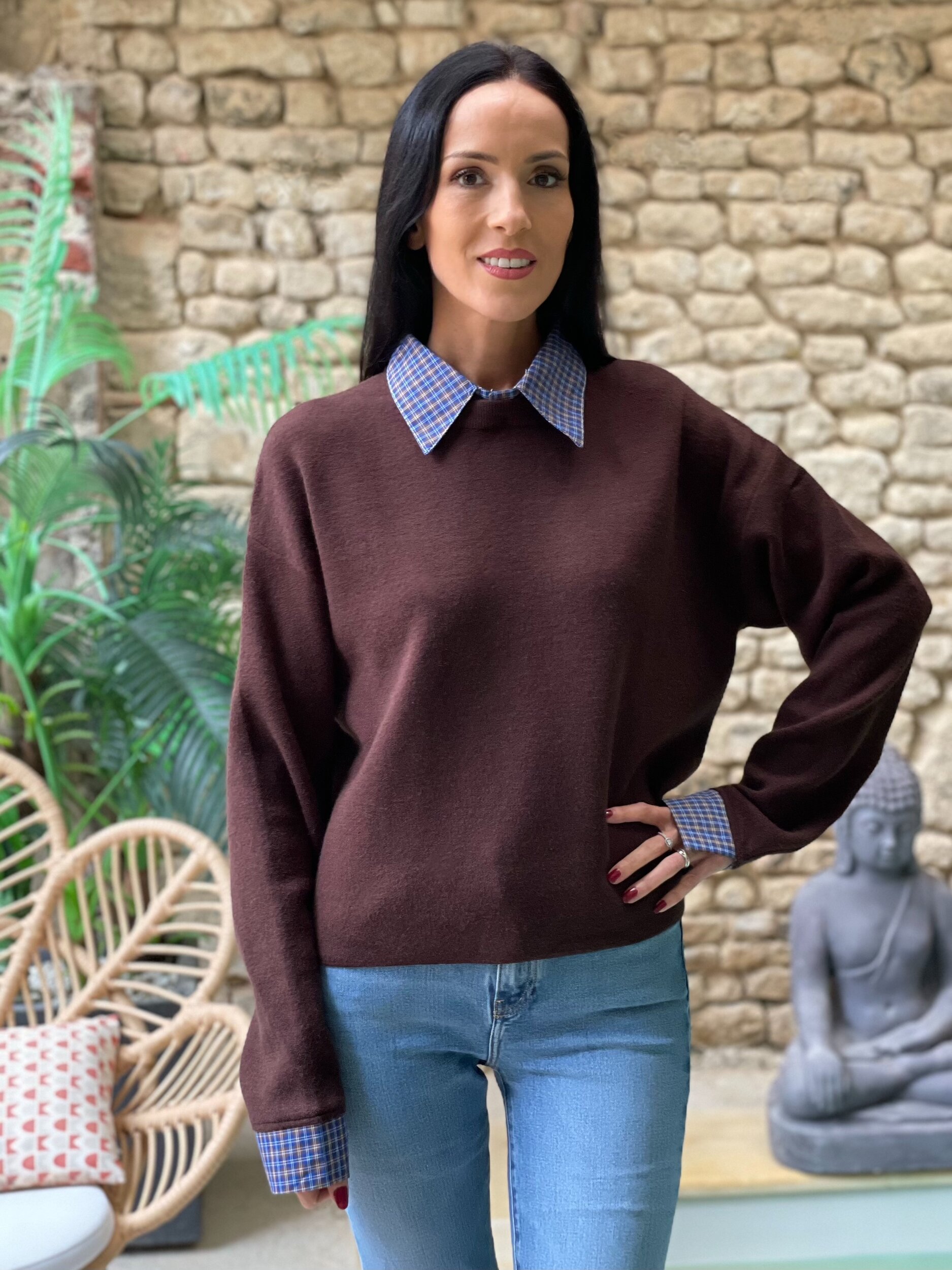 Pull en maille avec col chemise à carreaux AMAURY coloris chocolat