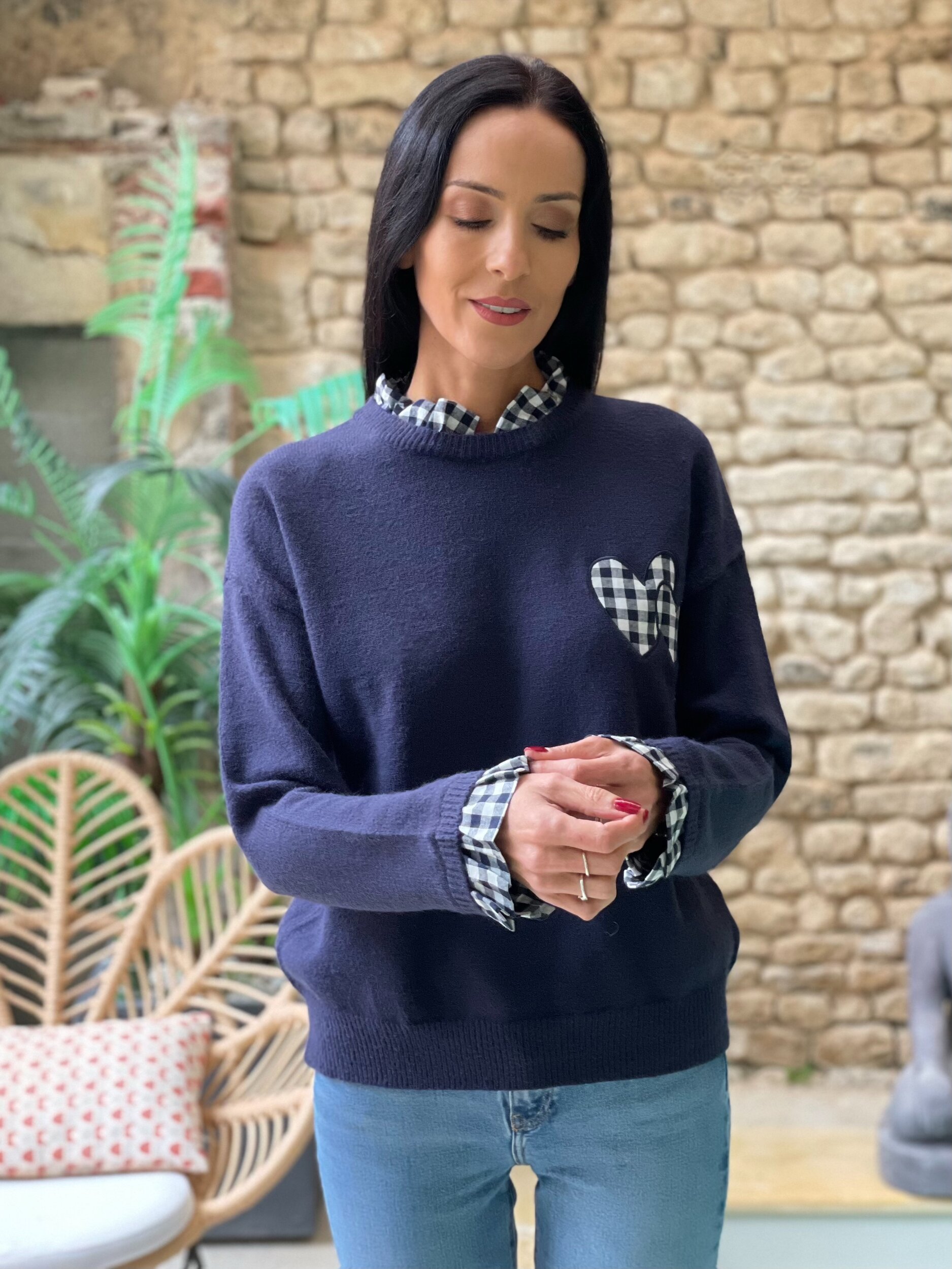 Pull en maille à coeurs vichy ASTER coloris marine