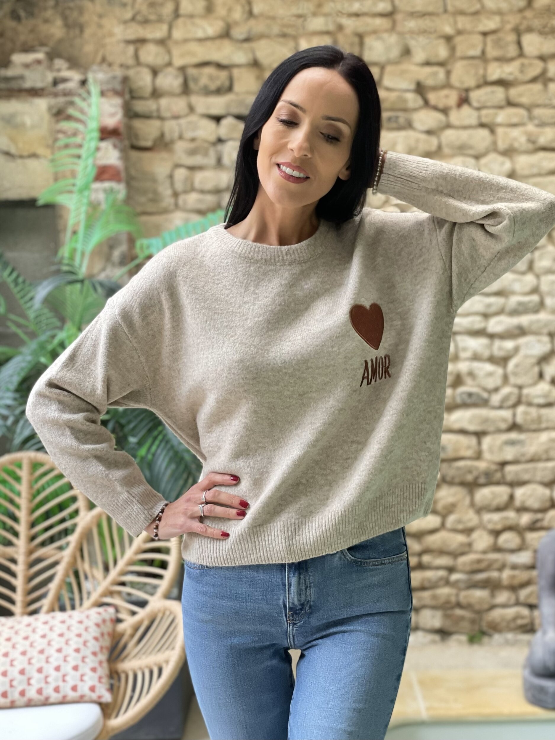 Pull en maille avec coeur camel MARTIN coloris taupe