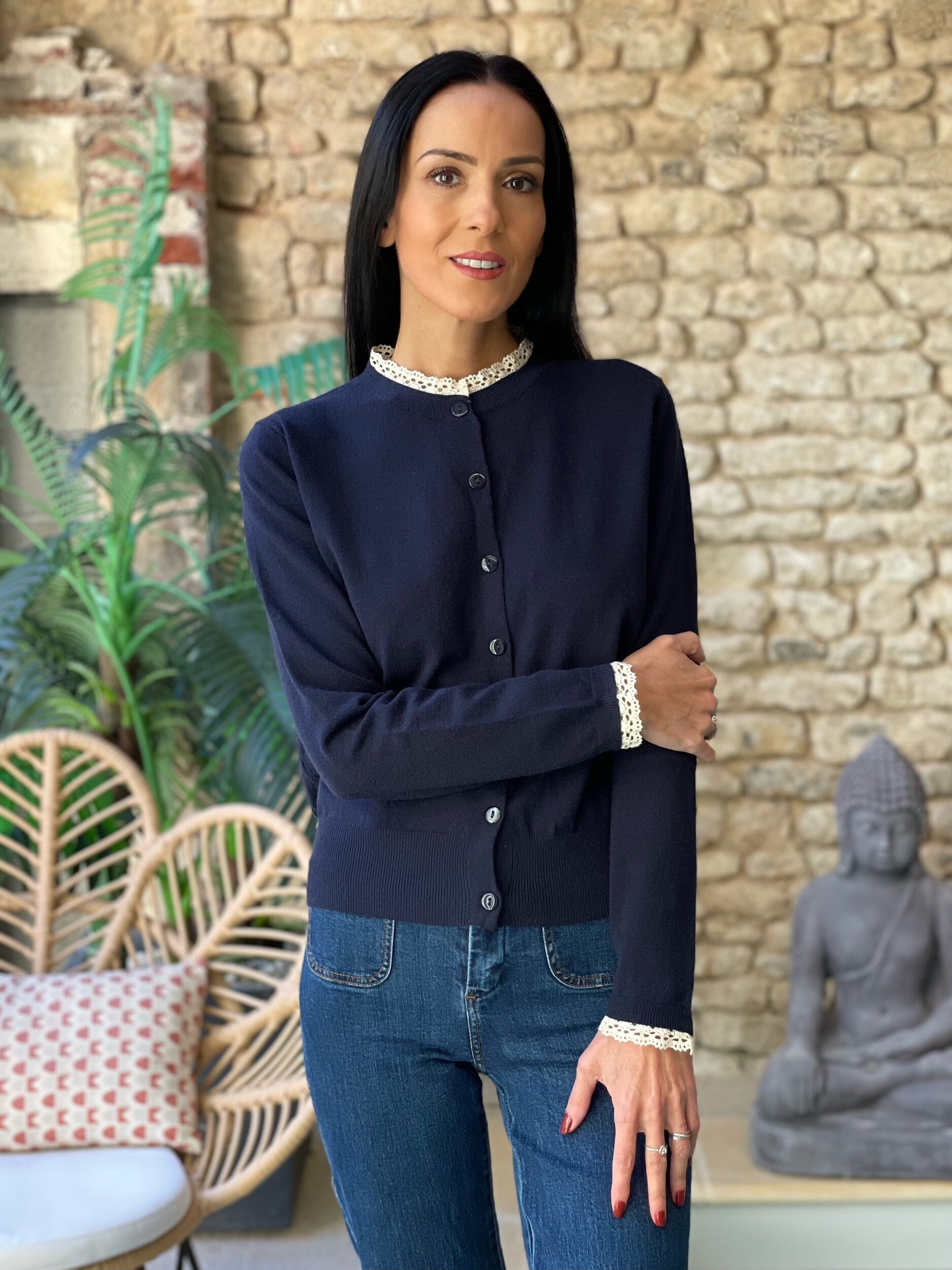 Gilet en maille à col dentelle MYRIAM coloris marine