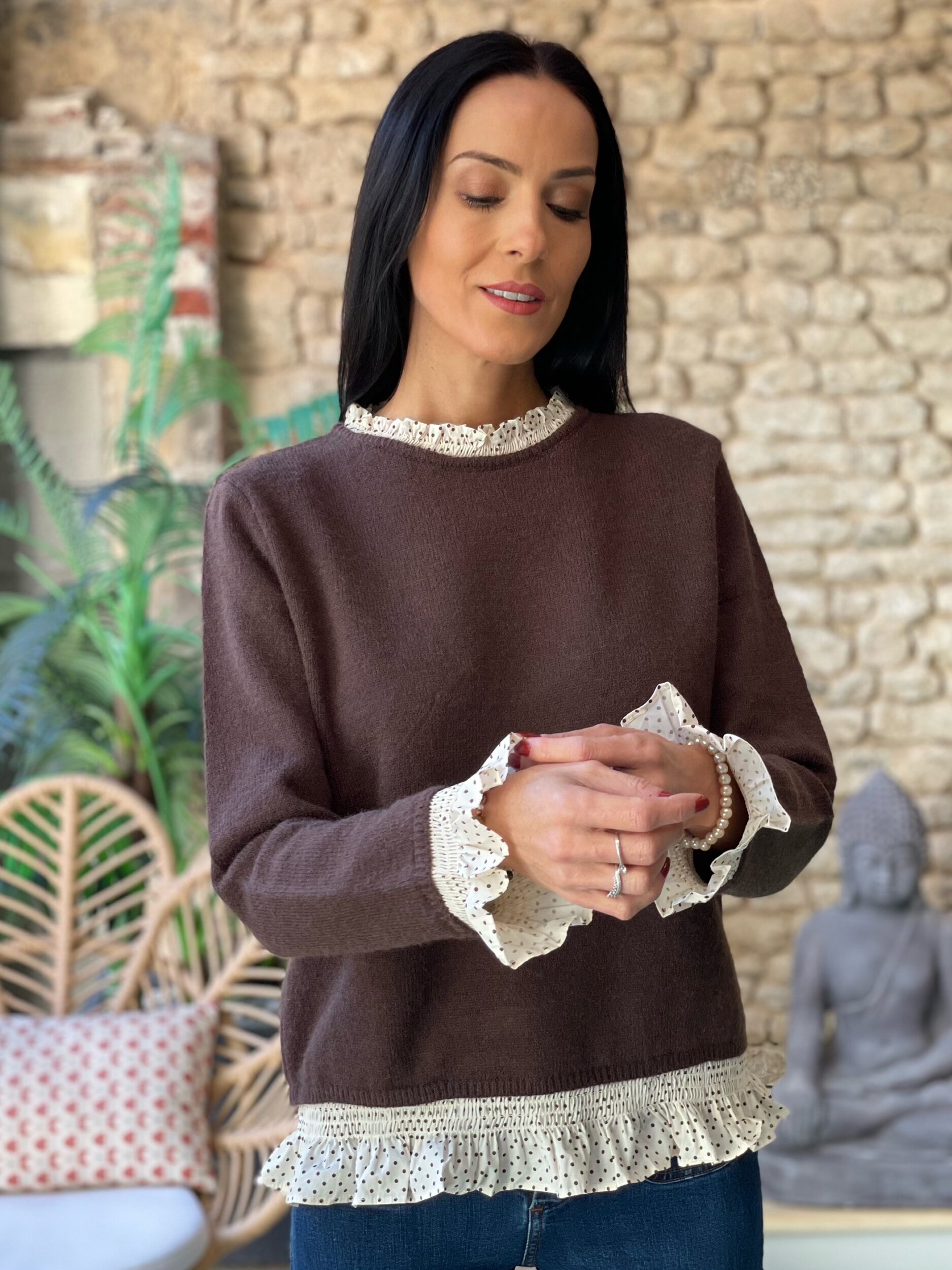 Pull en maille avec volants à pois DANY coloris marron