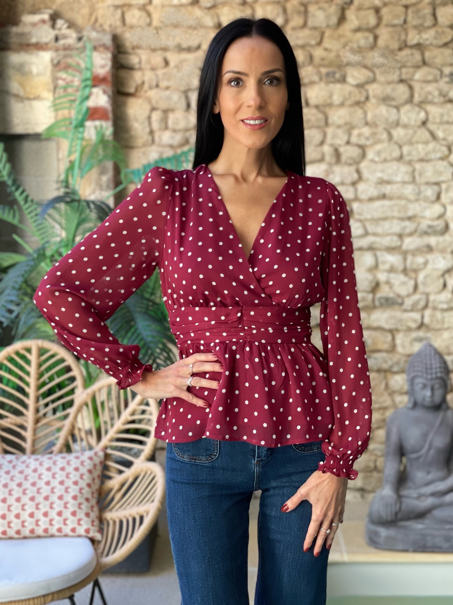 Blouse cache-coeur à imprimé à pois ALIX coloris bordeaux