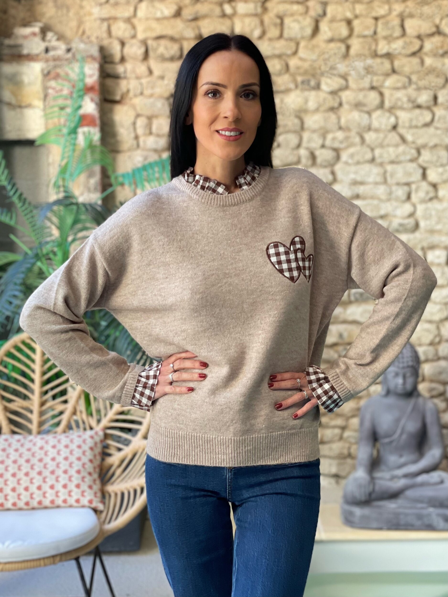 Pull en maille à coeurs vichy ASTER coloris taupe