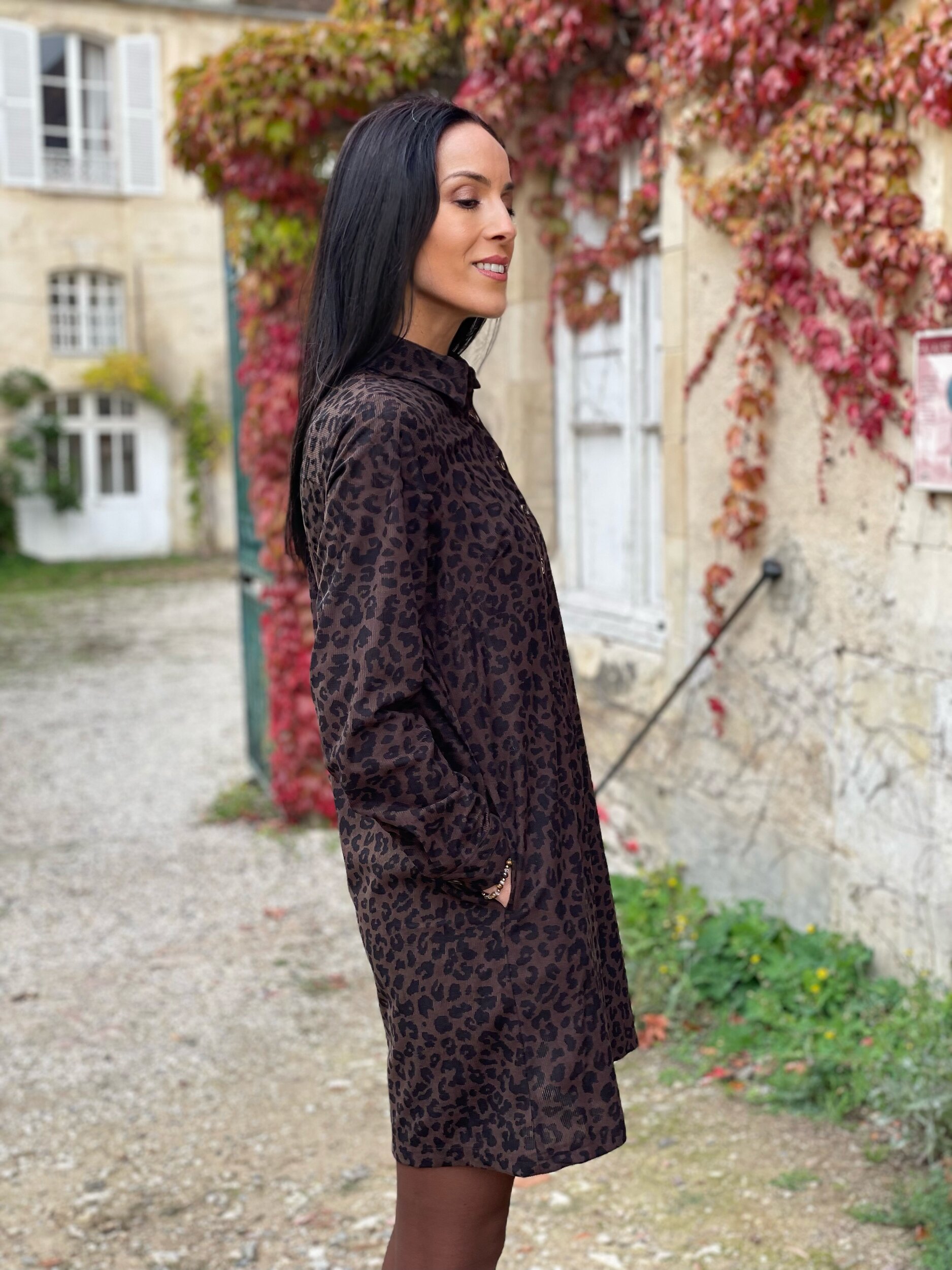 Robe en velours côtelé léopard FELINE coloris marron et noir