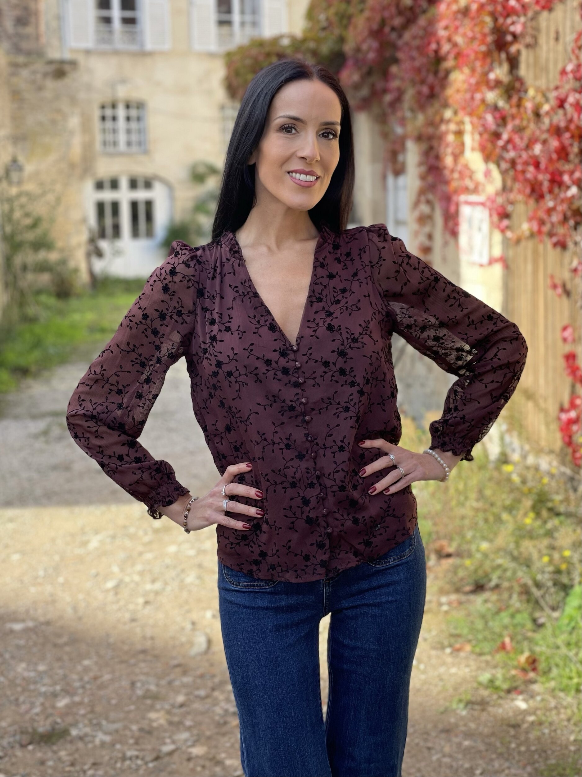 Blouse à imprimé fleuri AGLAÉ coloris lie-de-vin