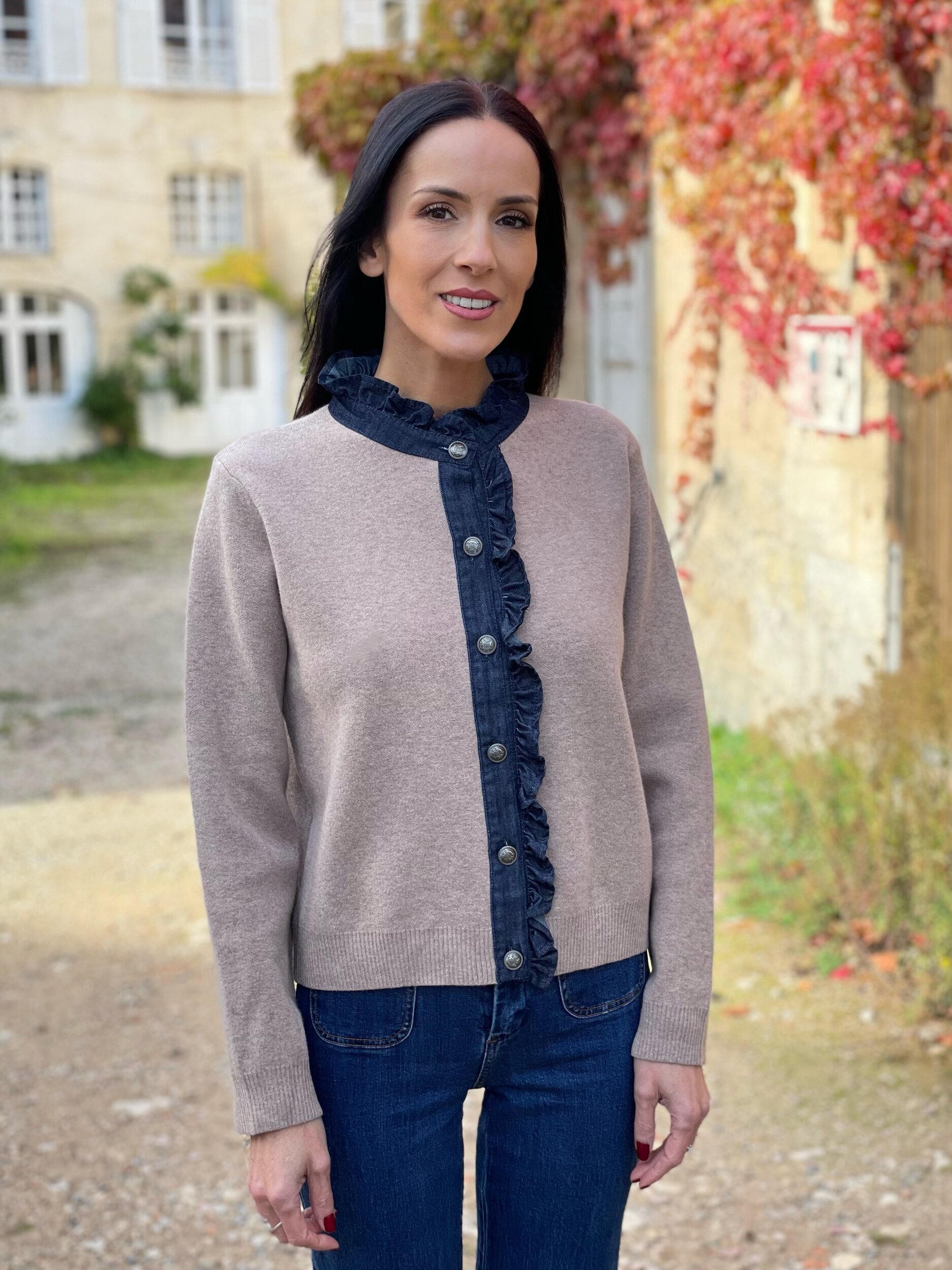 Gilet en maille et denim IGNAS coloris taupe