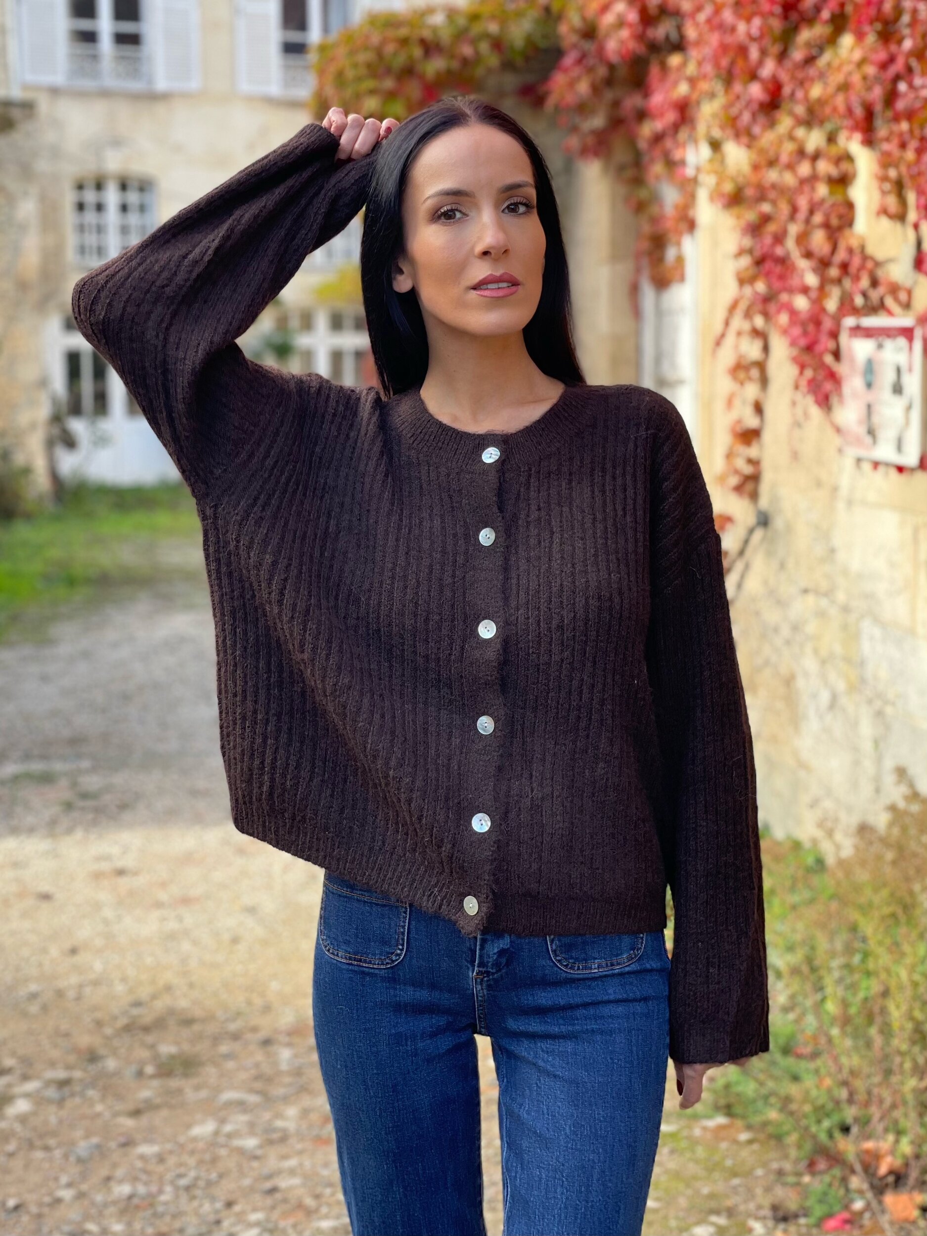 Gilet en maille côtelée ERINE coloris chocolat