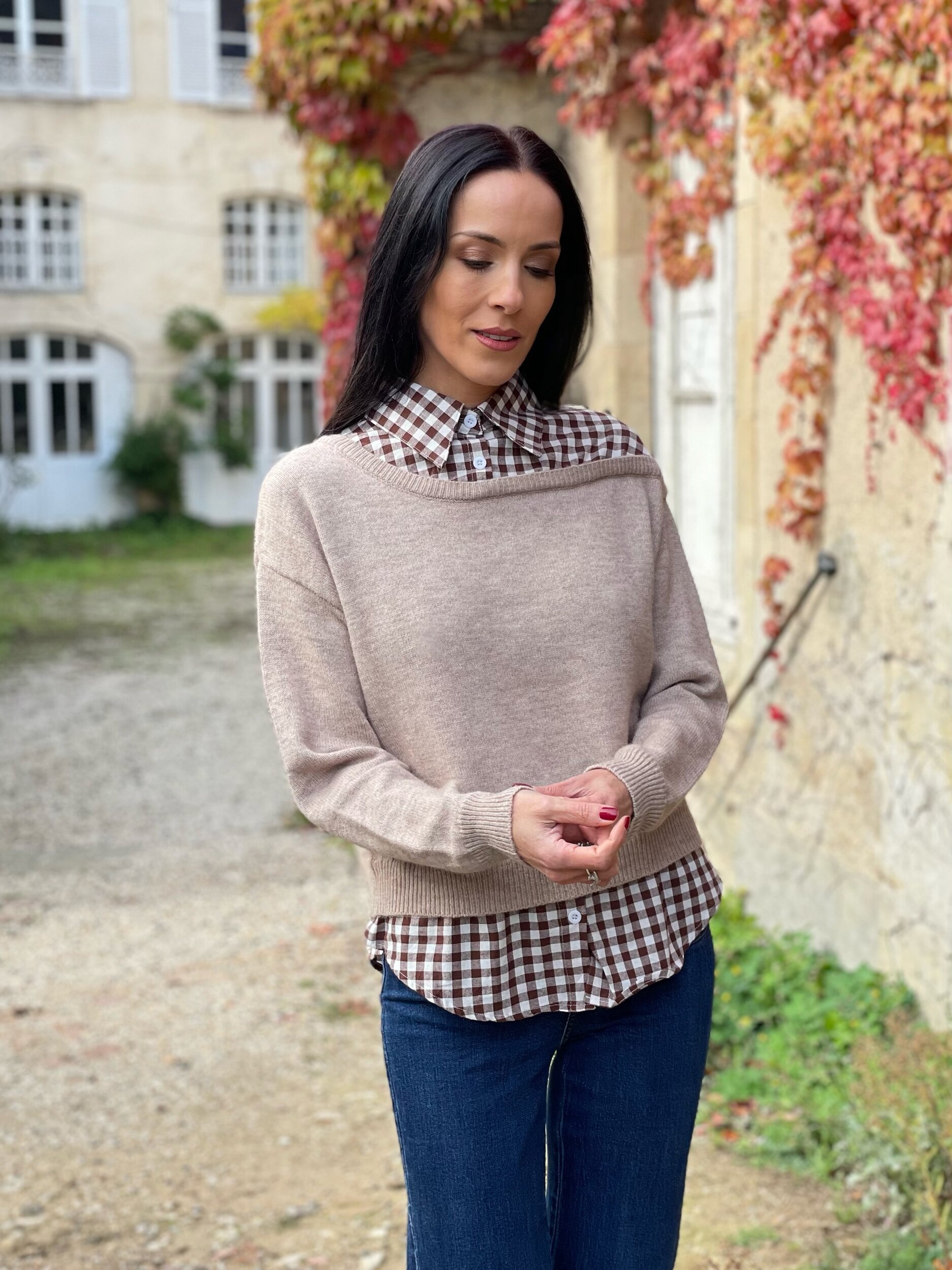 Pull effet 2-en-1 à carreaux vichy GREGOIRE coloris taupe et écru