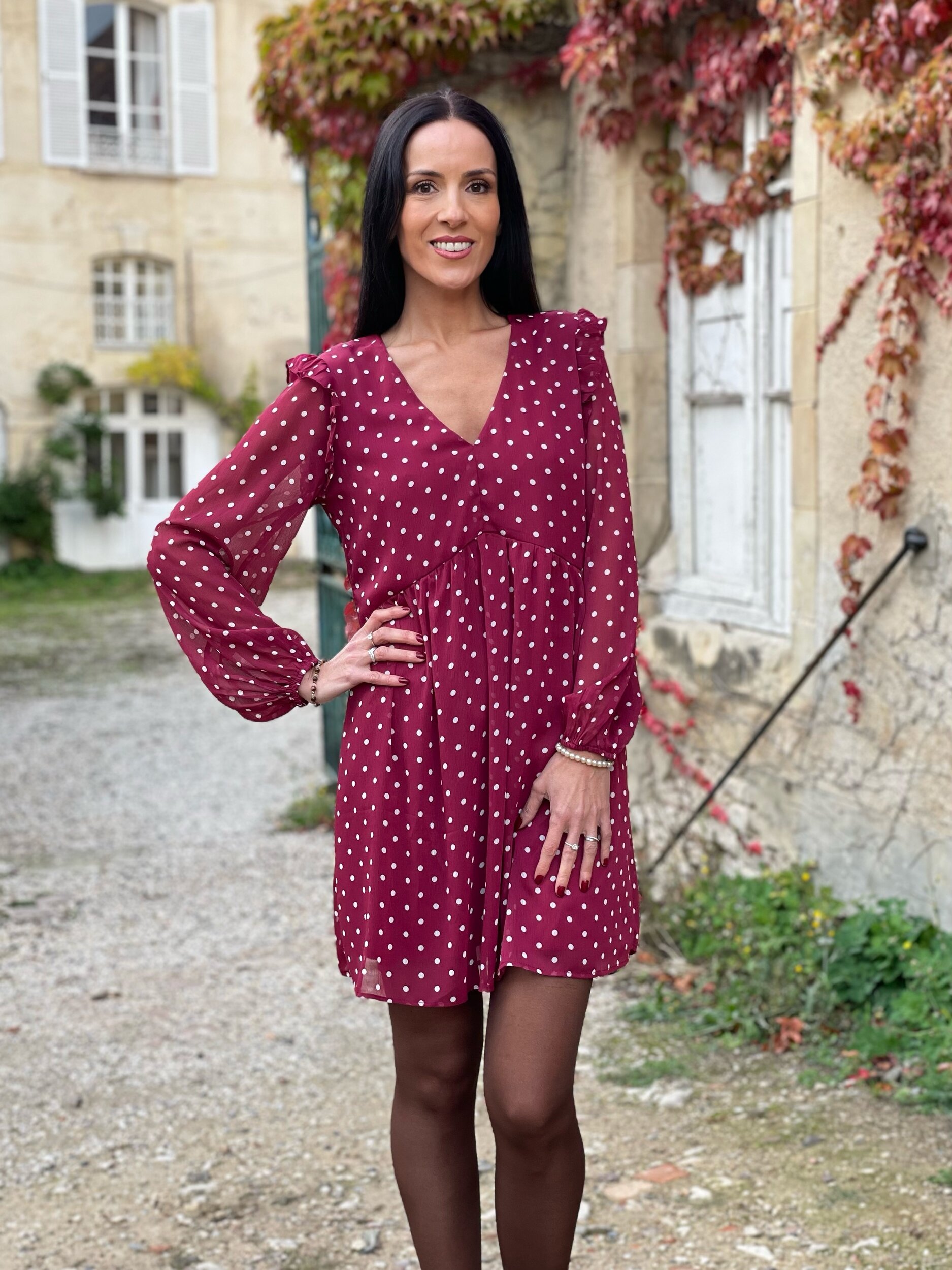 Robe courte à pois DAVINA coloris bordeaux
