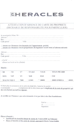 Attestaion Heracles perte de carte propriété