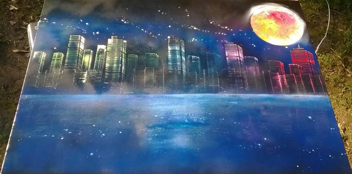 Tableau acrylique bombe ville de nuit multicolore soucy création