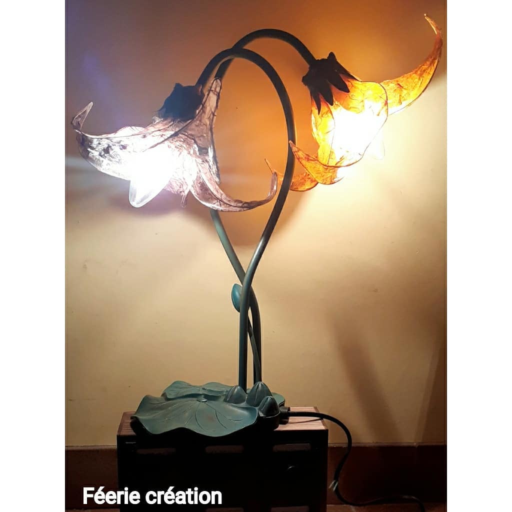 Lampe artisanale fleur marron/orange féerie création