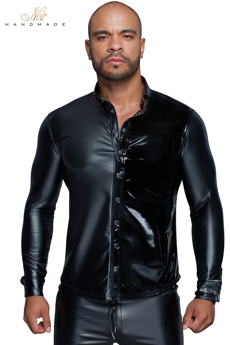 Chemise wetlook et vinyle H064 - Noir Handmade