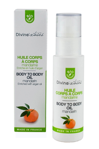 Huile massage sensuelle bio Corps à Corps parfum mandarine - Divinextases