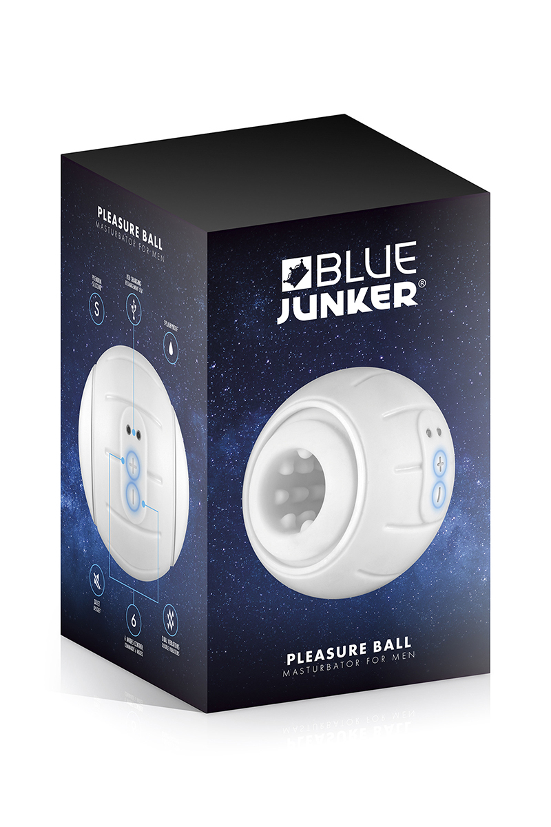Silicone-hypoallergénique-texture-réaliste, Masturbateur Pleasure Ball - Blue Junke, Ooh my god, photo de la boite