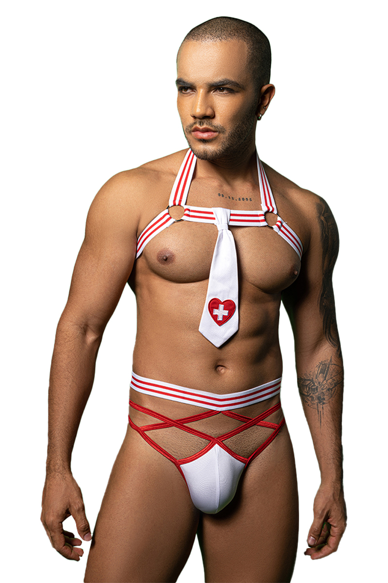 Harnais blanc avec cravate rouge pour déguisement de docteur sexy, vue de face, deguisement ooh my god