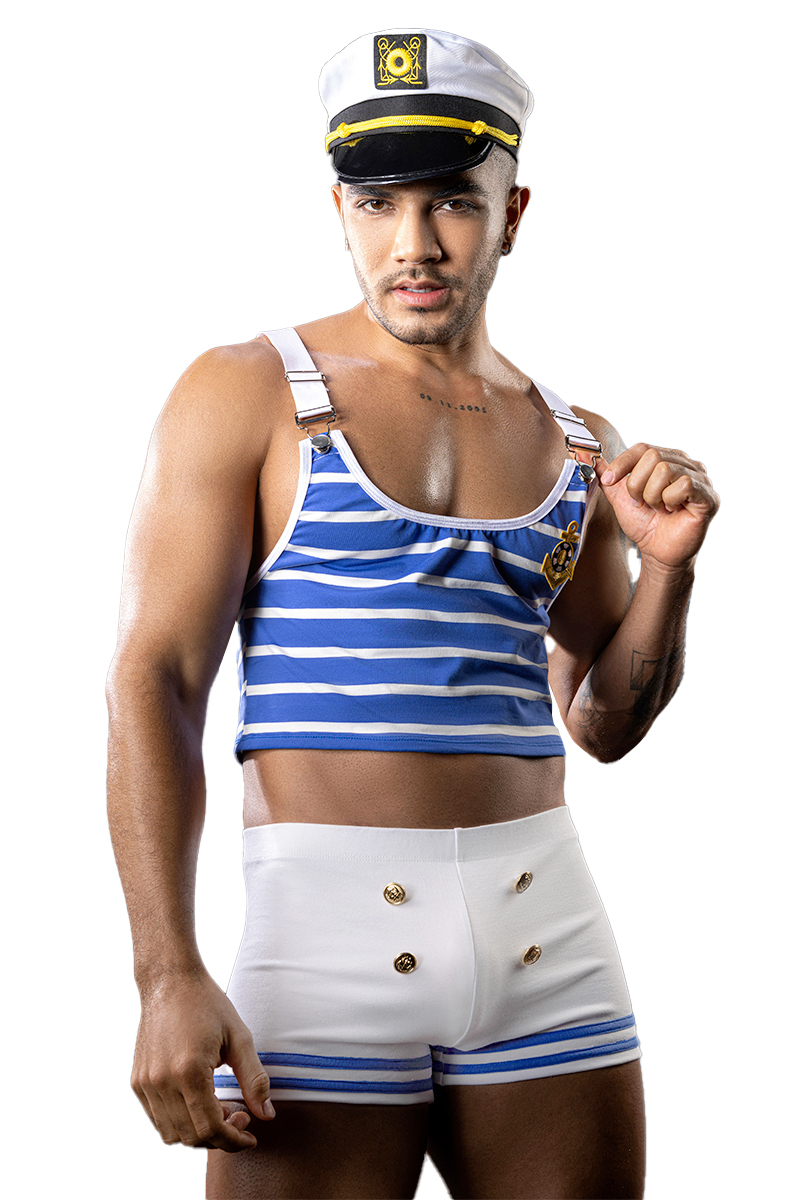 Tenue de marin sexy pour homme, vue de profil, 3 pièces complètes Casquette de marin et débardeur sexy pour déguisement marin J Lingerie.