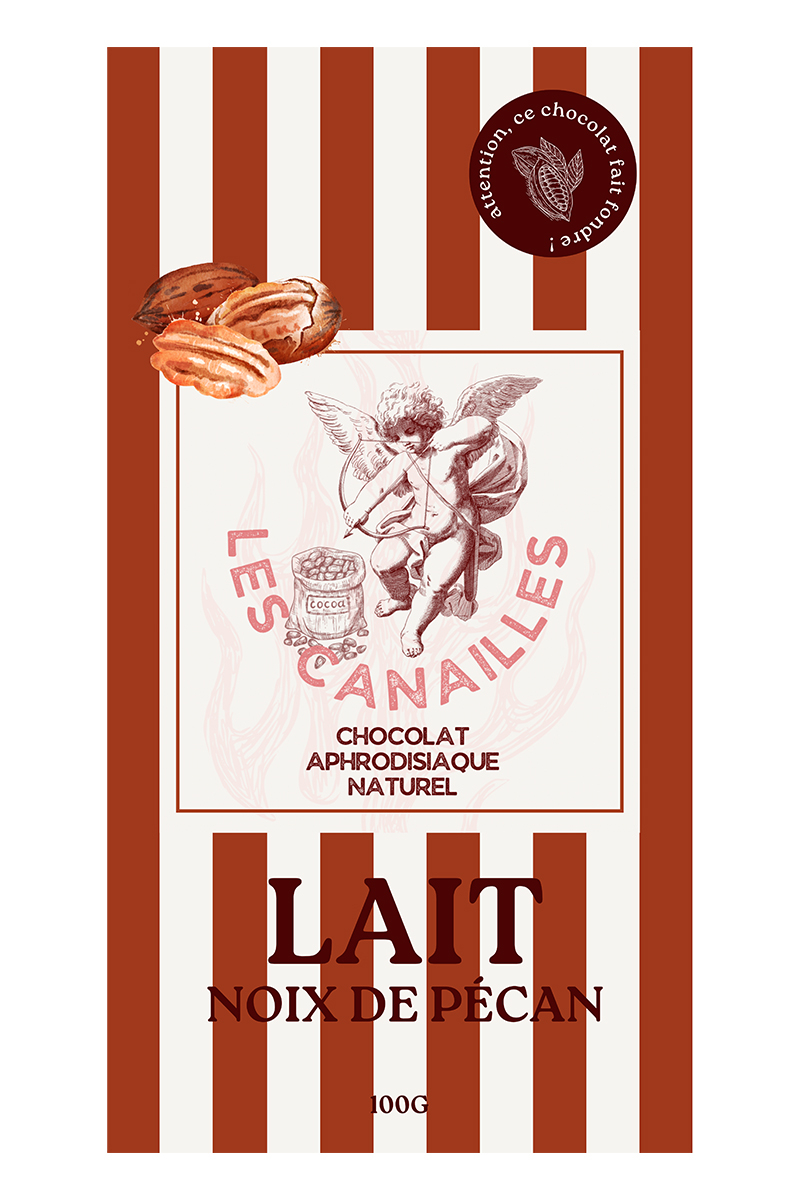 Chocolat aphrodisiaque au lait et noix de pécan – fabrication artisanale française  Tablette chocolat coquine Les Canailles 100 g – boutique Ooh My God