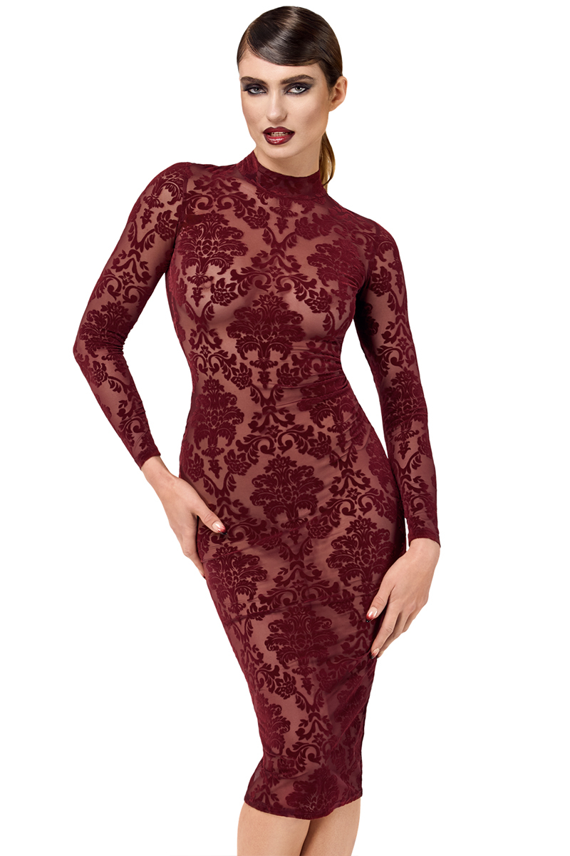 Robe midi transparente bordeaux F384 Noir Handmade vu de face porté dans la boutique Ooh My God