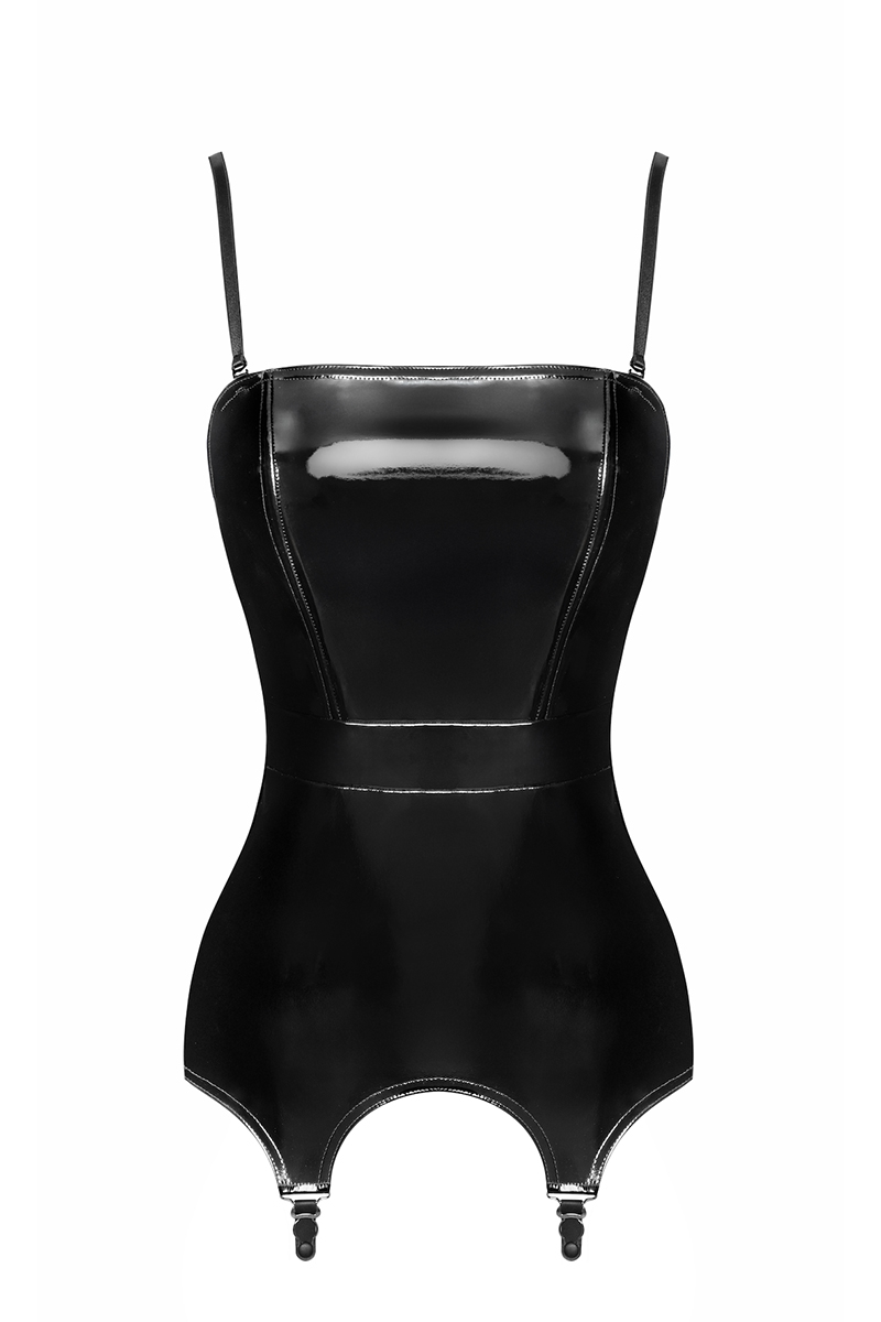 Corset noir effet vinyle F381 vu de face Noir Handmade dans la boutique Ooh My God