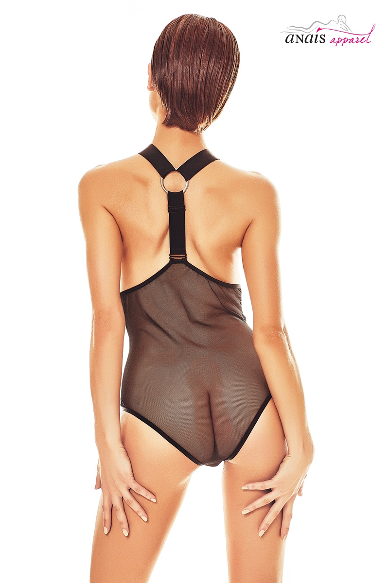 Vue de dos du Body en tulle noir seins nus Esterni, body coquin ouvert sur les seins, fabrication 100% européenne - oohmygod
