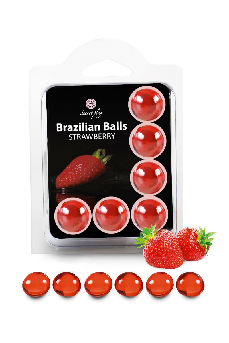 6 boules lubrifiantes Brazilian Balls de la marque Secret Play, parfumées à la fraise et qui se dissolvent sur le corps, oohmygod