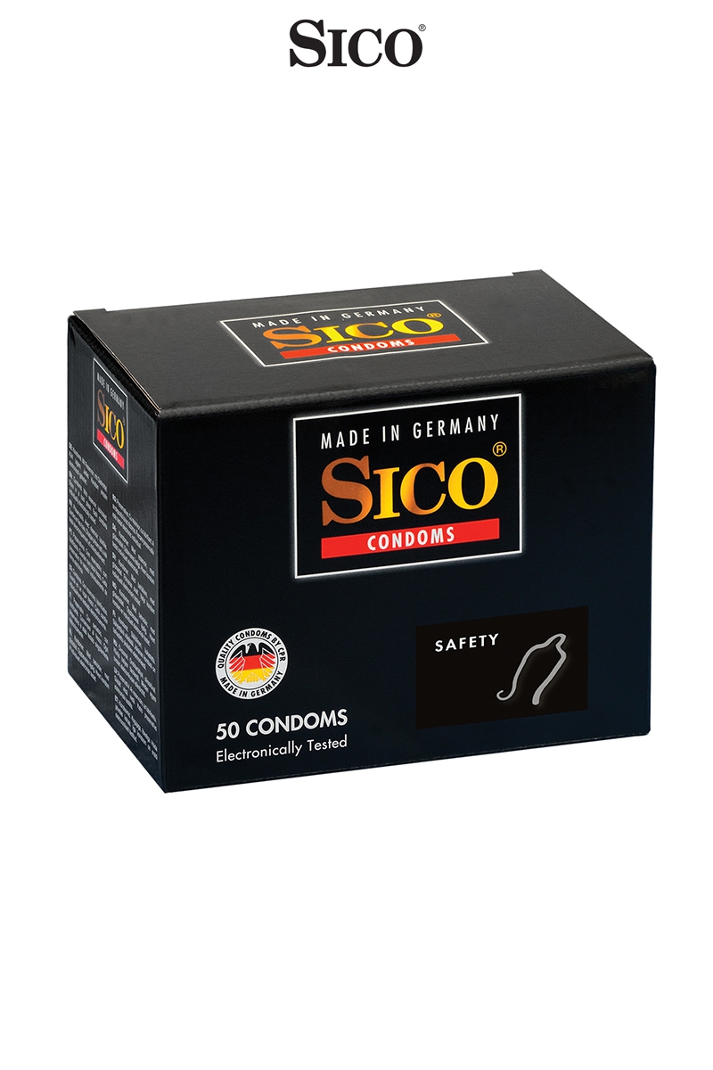 Boite de 50 préservatifs Safety de la marque Sico, assurent une protection maximale et garantit les sensations du rapport intime - oohmygod