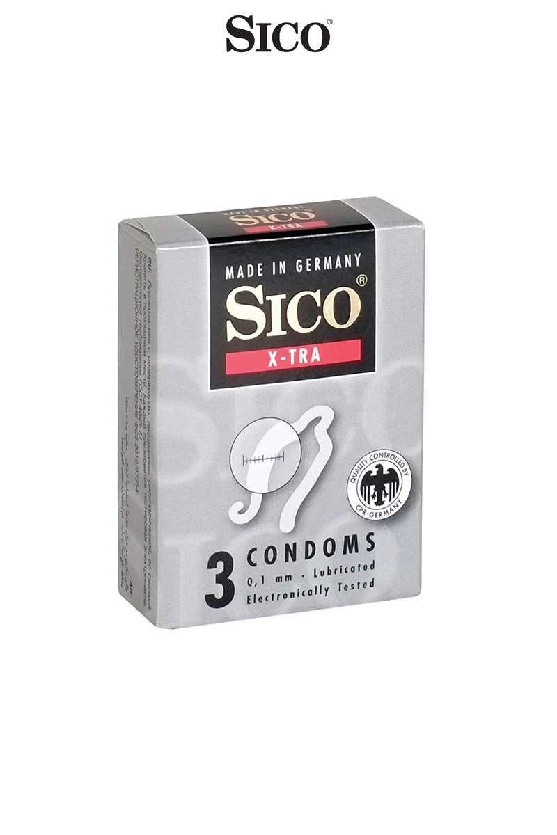 Boite de 3 préservatifs épais XTRA de la marque Sico. Ils assurent un confort et une protection intense lors de vos ébats sexuels, format de poche parfait à emporter avec vous pour une soirée ou un petit week-end - oohmygod