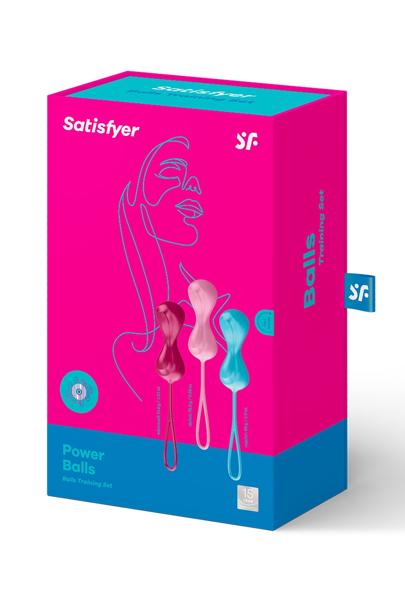 Boite du set dentraînement 3 boules de geisha Power Balls de chez Satisfyer, pour muscler le plancher pelvien et améliorer les orgasmes, destinées aux débutantes - oohmygod