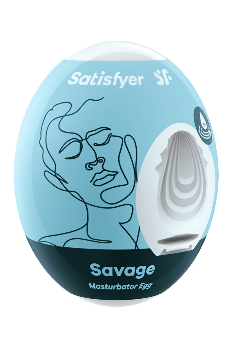 Masturbateur Egg Savage de chez Satisgyern forme orginale d'oeuf à la matière TPE Hydro-Active (semi-lubrifiante). l'intérieur est parsemé de lamelles horizontales douces er fermes - oohmygod