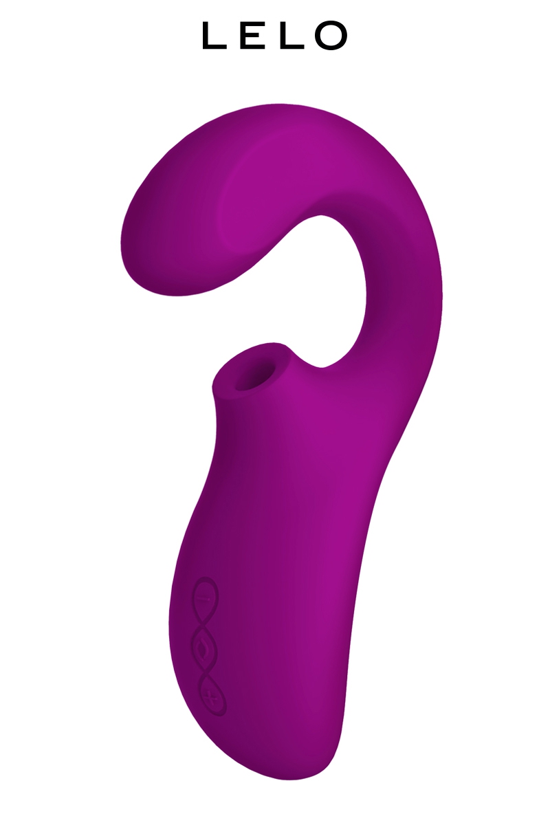 Double stimulateur Enigma violet de la marque Lelo, offre une stimulation du clitoris par ondes soniques et du vagin par de puissantes vibrations - oohmygod