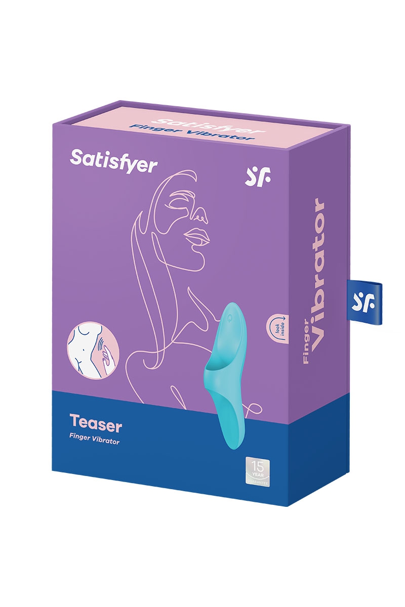 Boite du stimulateur Teaser pour la stimulation des zones érogènes externes de la marque Satisfyer, couleur bleu - oohmygod